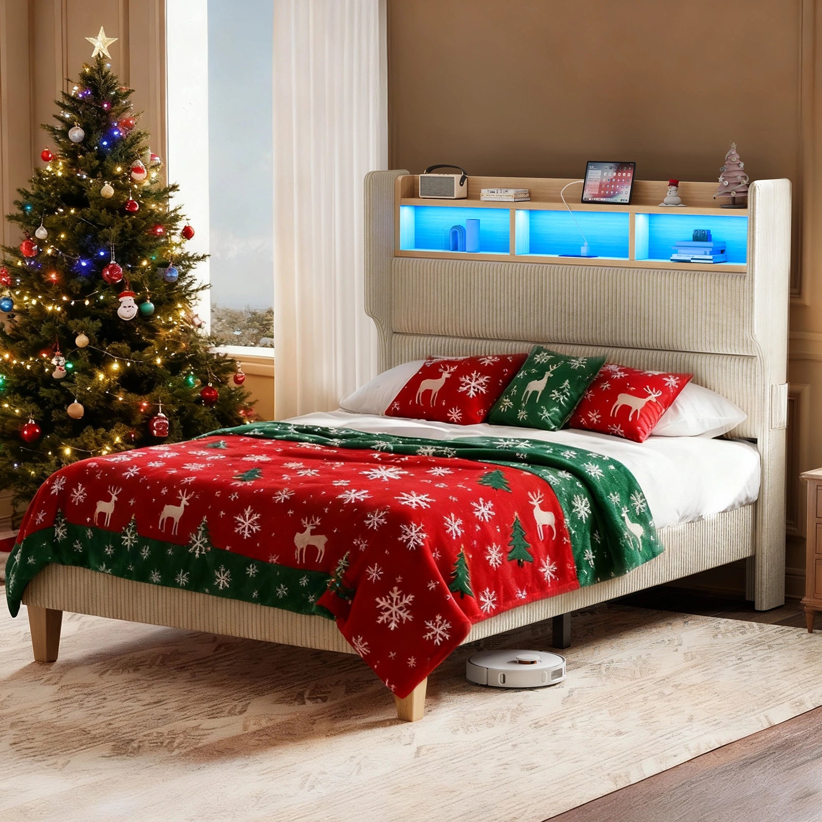 Bed Frame with 51" Tall Headboard and Storage Shelf