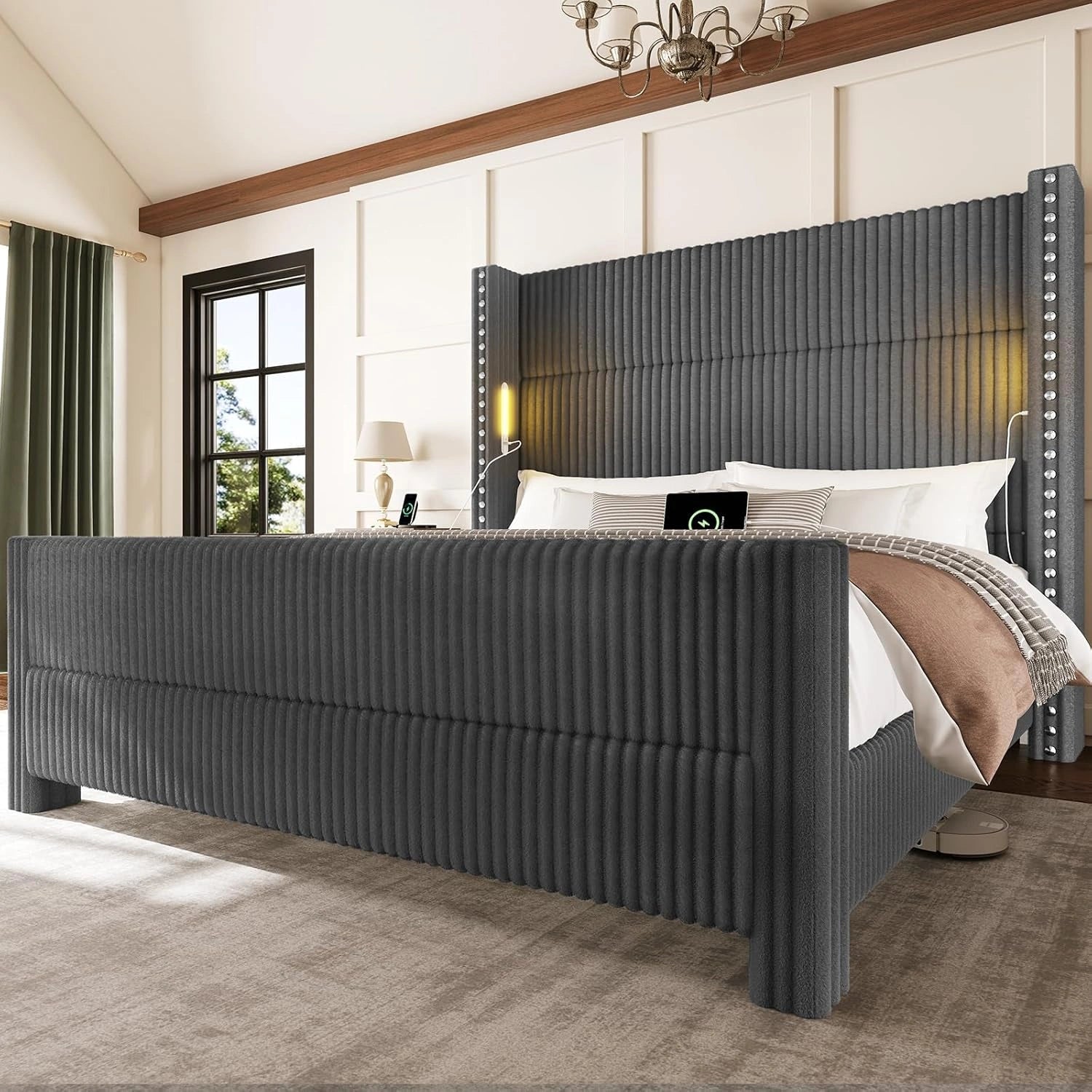 Bed Frame with 56.7" Tall Headboard & Reading Lights