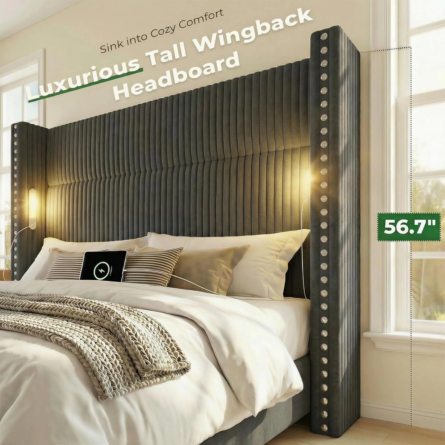Bed Frame with 56.7" Tall Headboard & Reading Lights