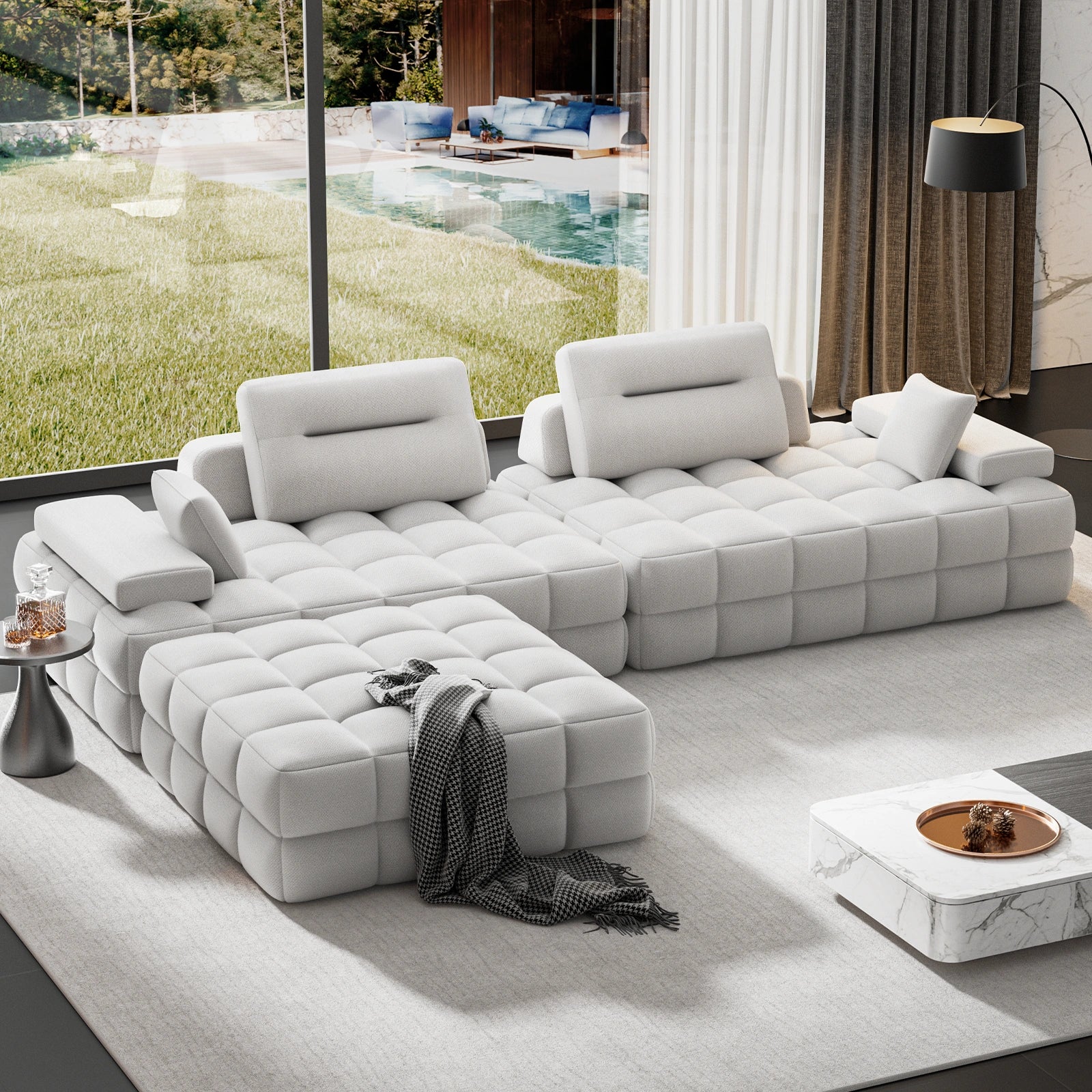 132" L-Shaped Modular Sectional Sofa, Oversized Cloud Boneless Sofa for Living Room, White