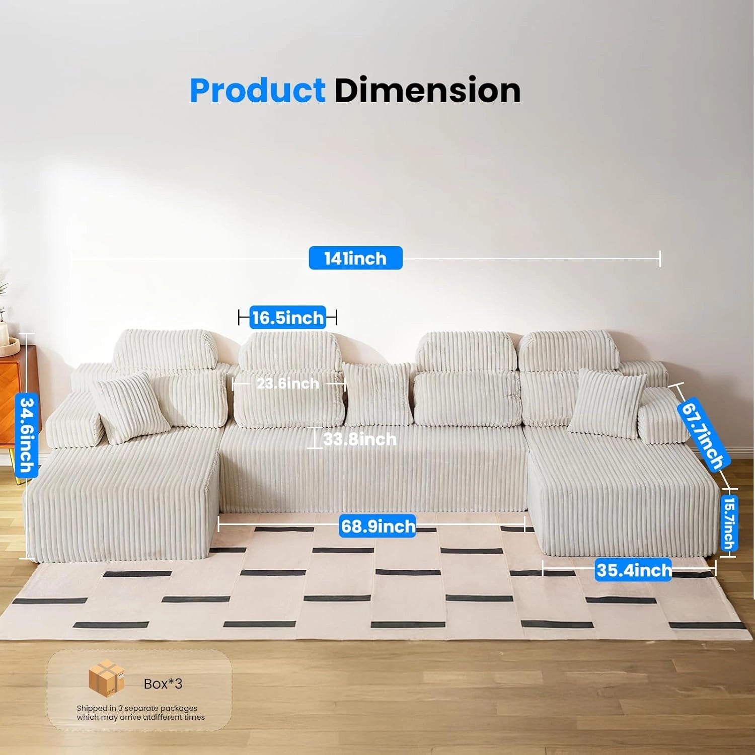 LH09 141 Inch Cloud Sectional Couch with High Backrest（U-Shaped）