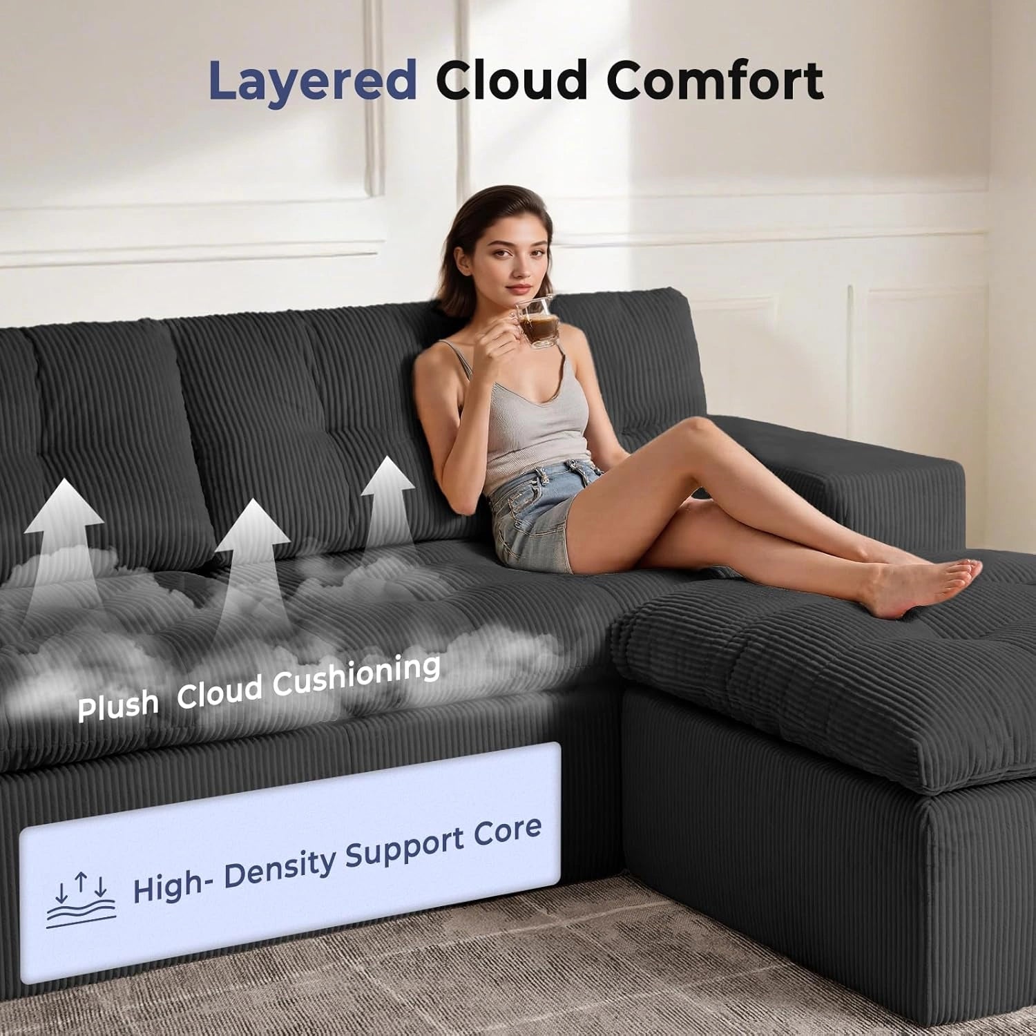 85 Inch L-Shaped Cloud Sectional Boneless Sofa