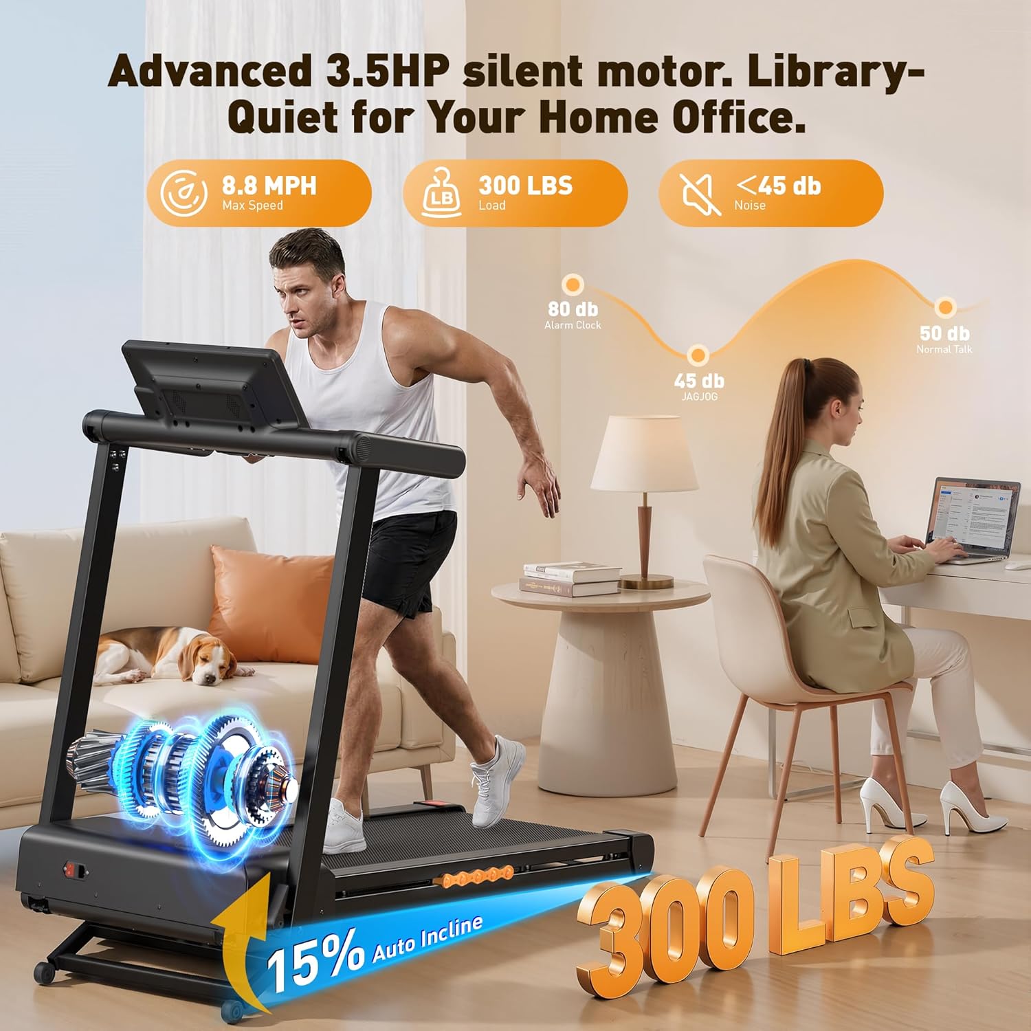 JT60 Foldable Treadmill 3.5 PH Motor 15° Auto Incline Walking Pad 14.96" Smart Touchscreen