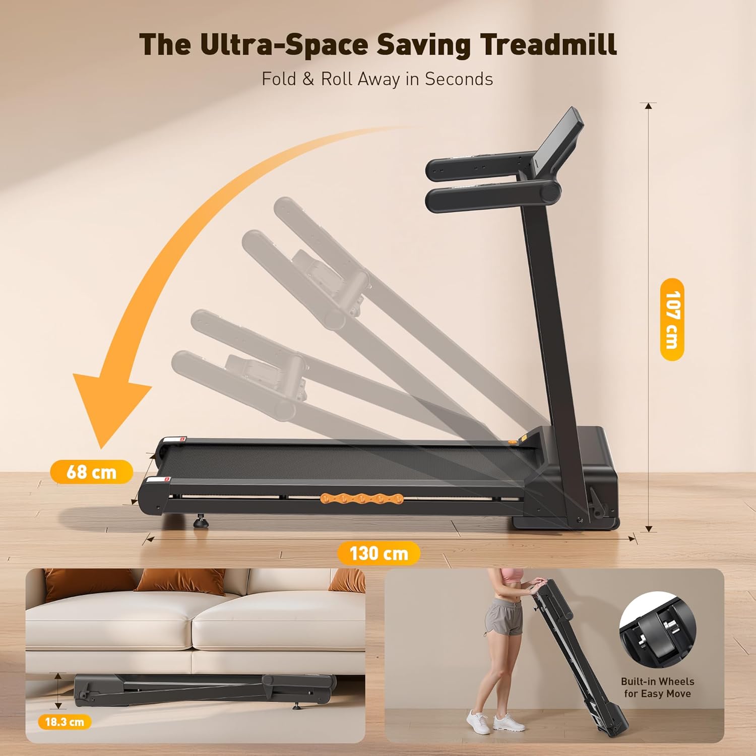 JT60 Foldable Treadmill 3.5 PH Motor 15° Auto Incline Walking Pad 14.96" Smart Touchscreen