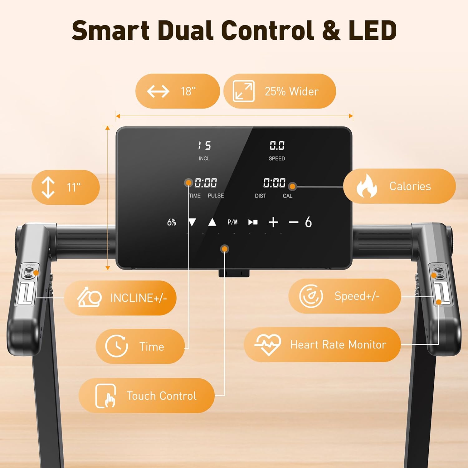 JT62 Foldable Treadmill 4.5 PH Motor 18° Auto Incline Walking Pad 18" LED Smart Display