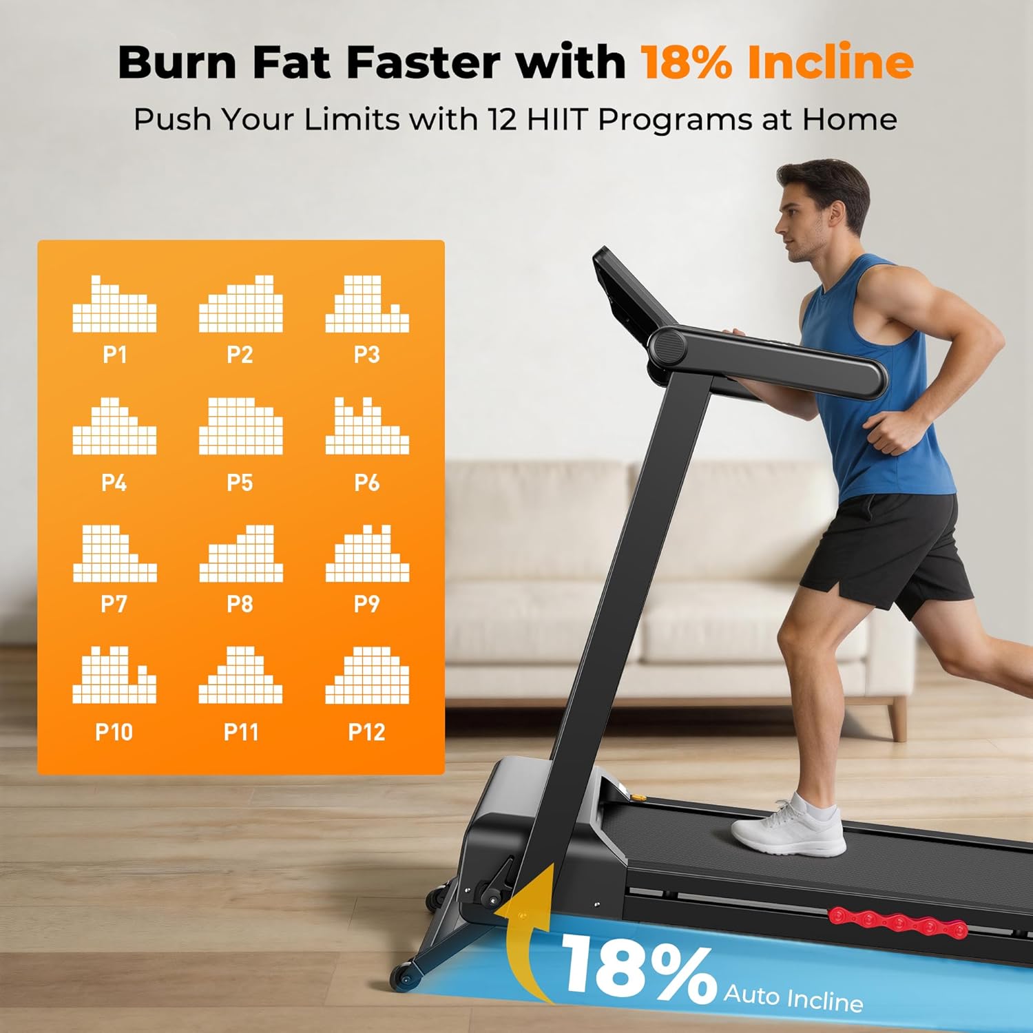 JT62 Foldable Treadmill 4.5 PH Motor 18° Auto Incline Walking Pad 18" LED Smart Display