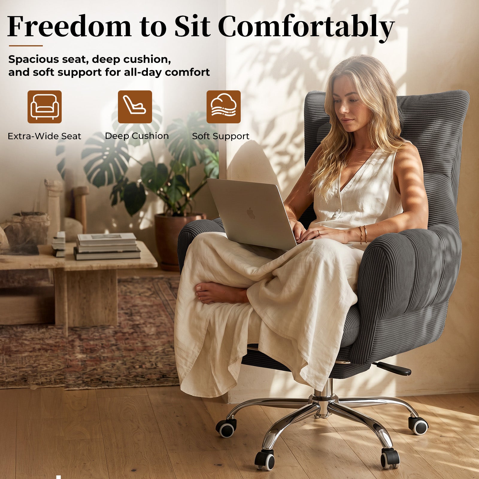 LBGYZ08 Criss Cross Desk Chair with Footrest & Flip-Up Arms, Extra Wide Seat Comfy Executive Ergonomic Computer Chair,Grey