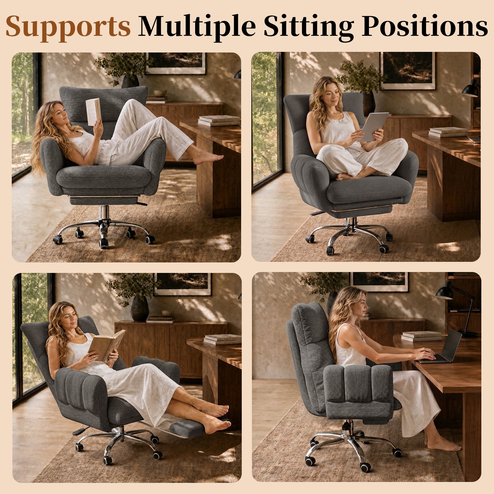 LBGYZ08 Criss Cross Desk Chair with Footrest & Flip-Up Arms, Extra Wide Seat Comfy Executive Ergonomic Computer Chair,Grey