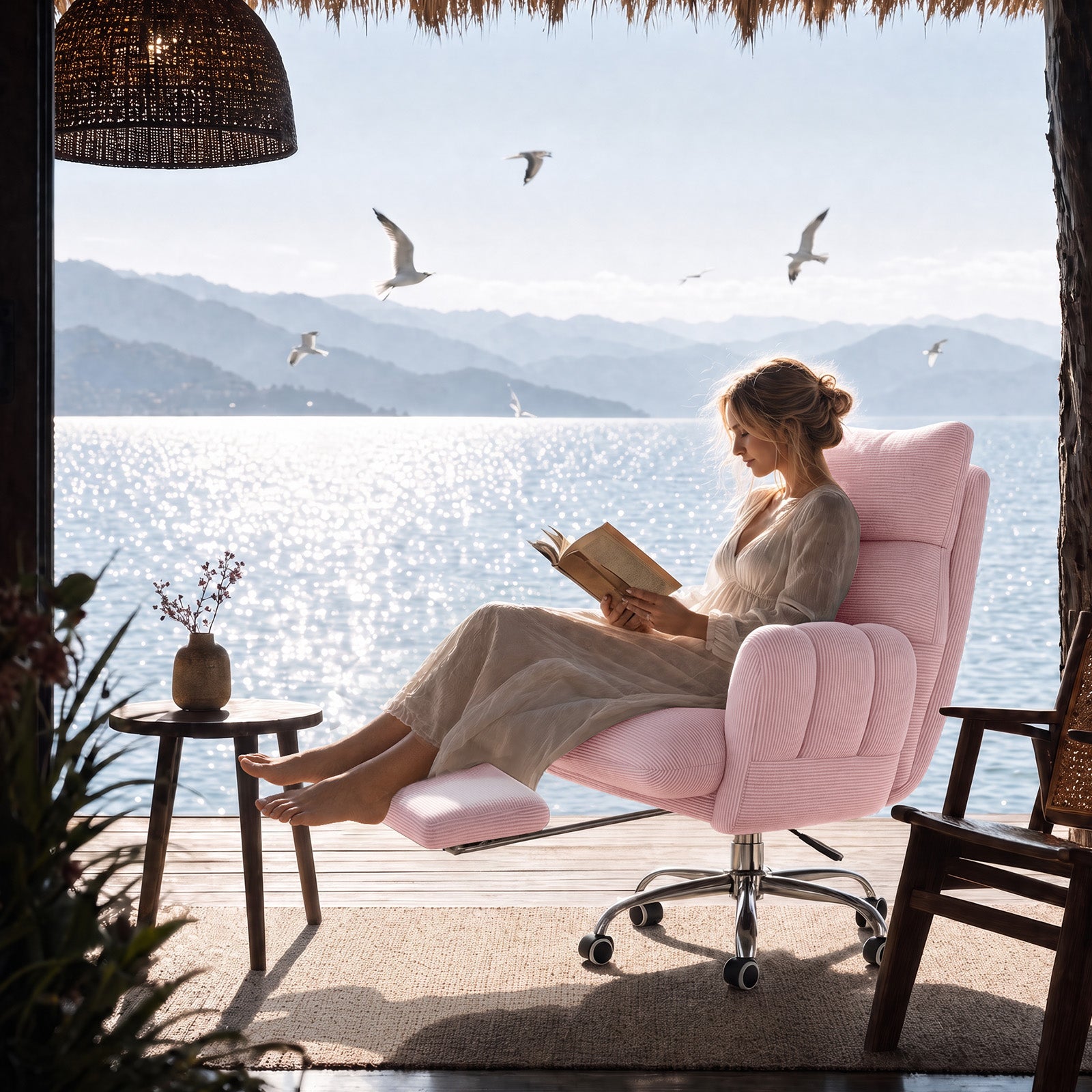 LBGYZ08 Criss Cross Desk Chair with Footrest & Flip-Up Arms, Extra Wide Seat Comfy Executive Ergonomic Computer Chair,Pink