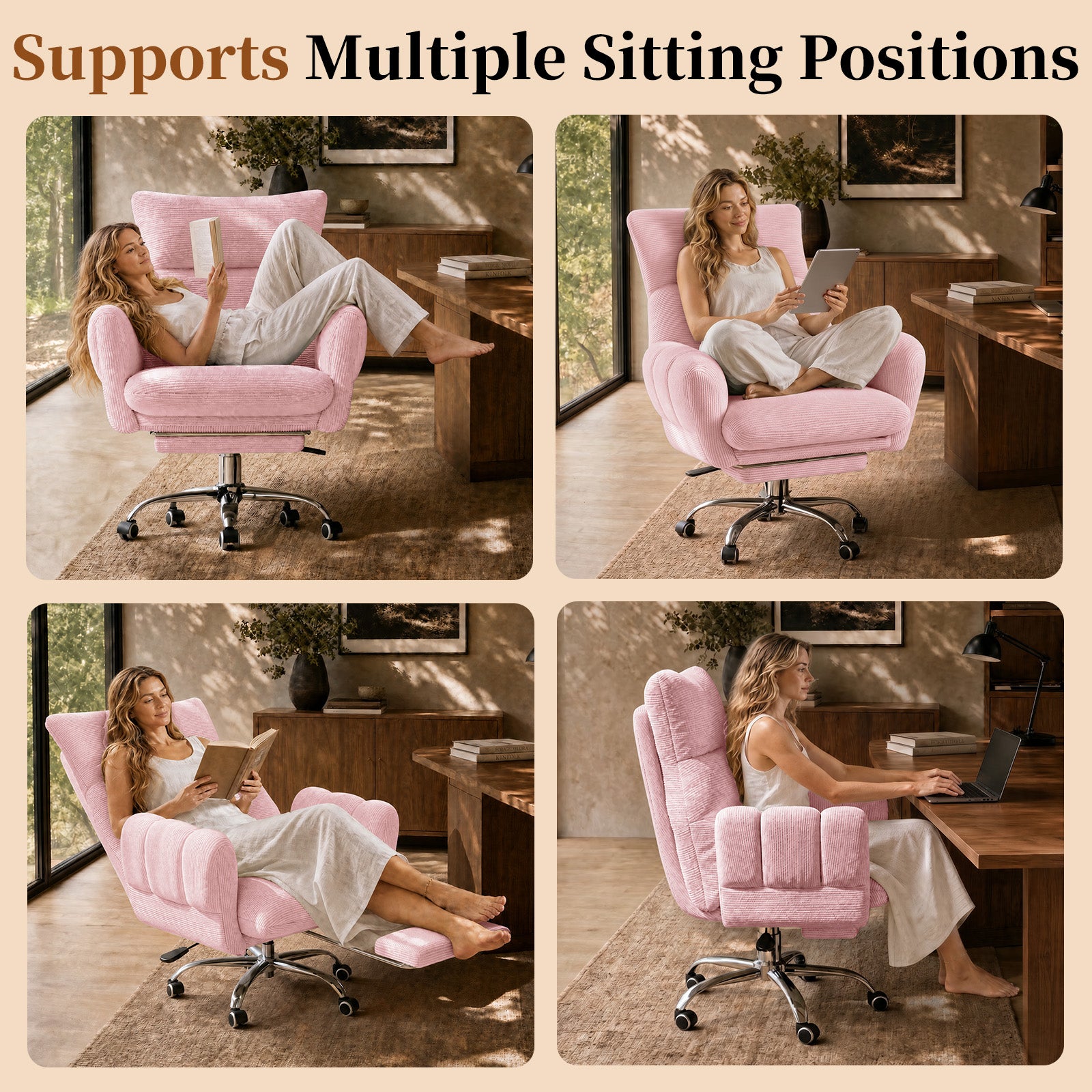 LBGYZ08 Criss Cross Desk Chair with Footrest & Flip-Up Arms, Extra Wide Seat Comfy Executive Ergonomic Computer Chair,Pink