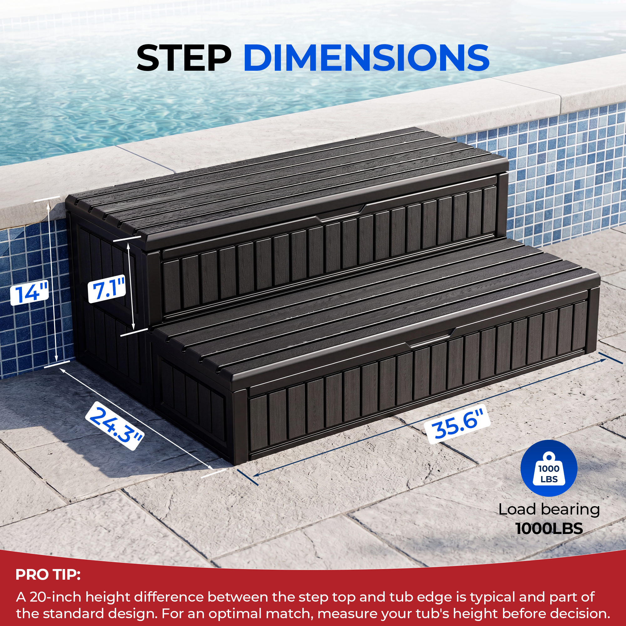 OS01 Hot Tub Steps with Storage, 1000 lbs Heavy Duty 2-Step Spa Stairs for Outdoor Hot Tub, RV & Pool,Black