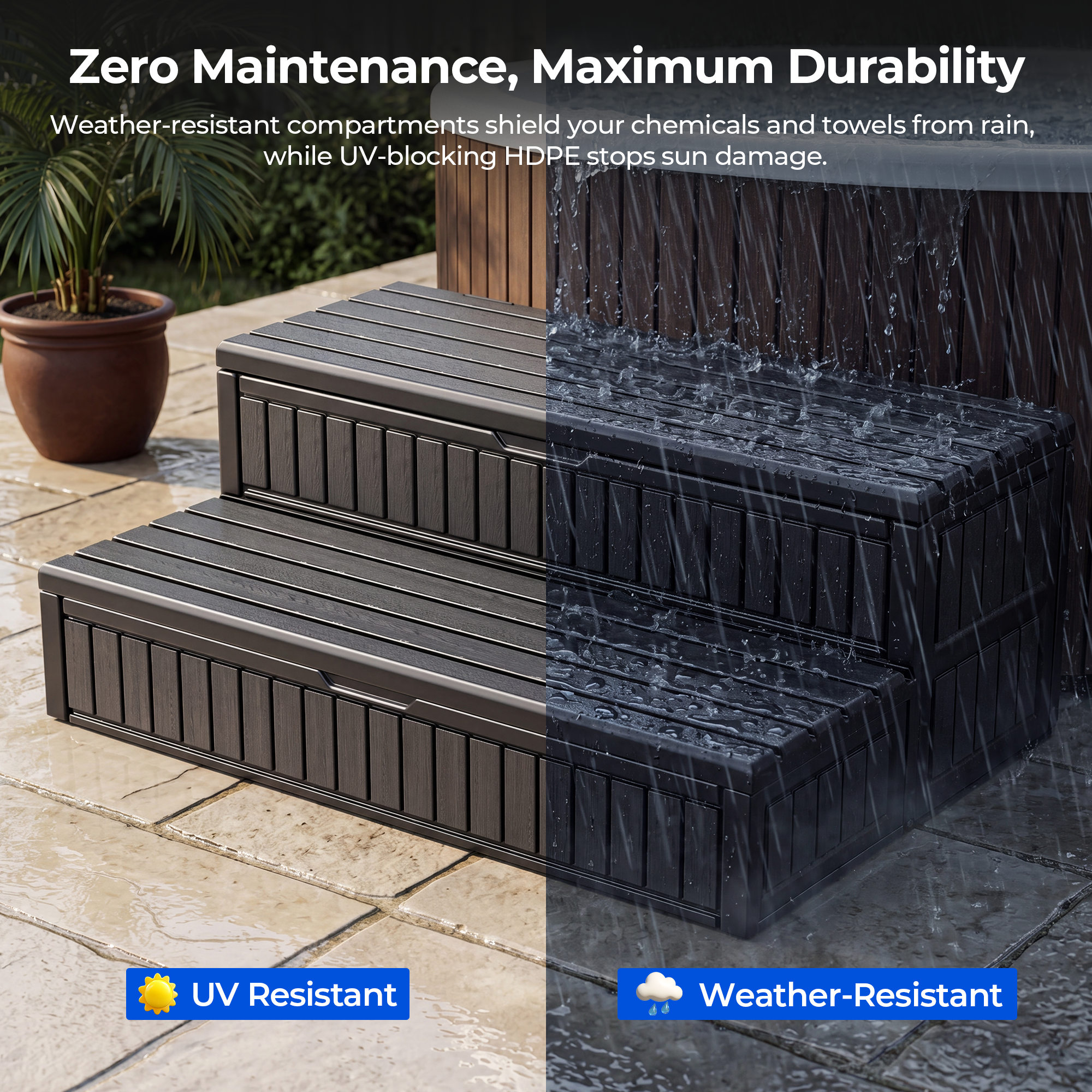 OS01 Hot Tub Steps with Storage, 1000 lbs Heavy Duty 2-Step Spa Stairs for Outdoor Hot Tub, RV & Pool,Black