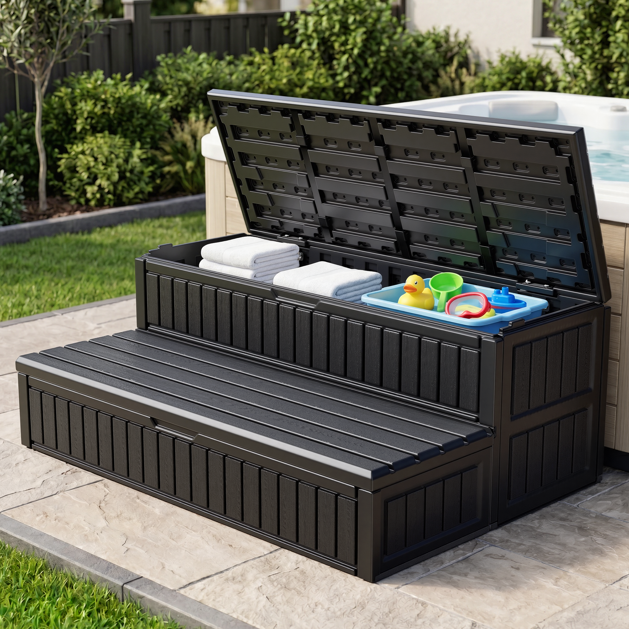 OS01 Hot Tub Steps with Storage, 1000 lbs Heavy Duty 2-Step Spa Stairs for Outdoor Hot Tub, RV & Pool,Black