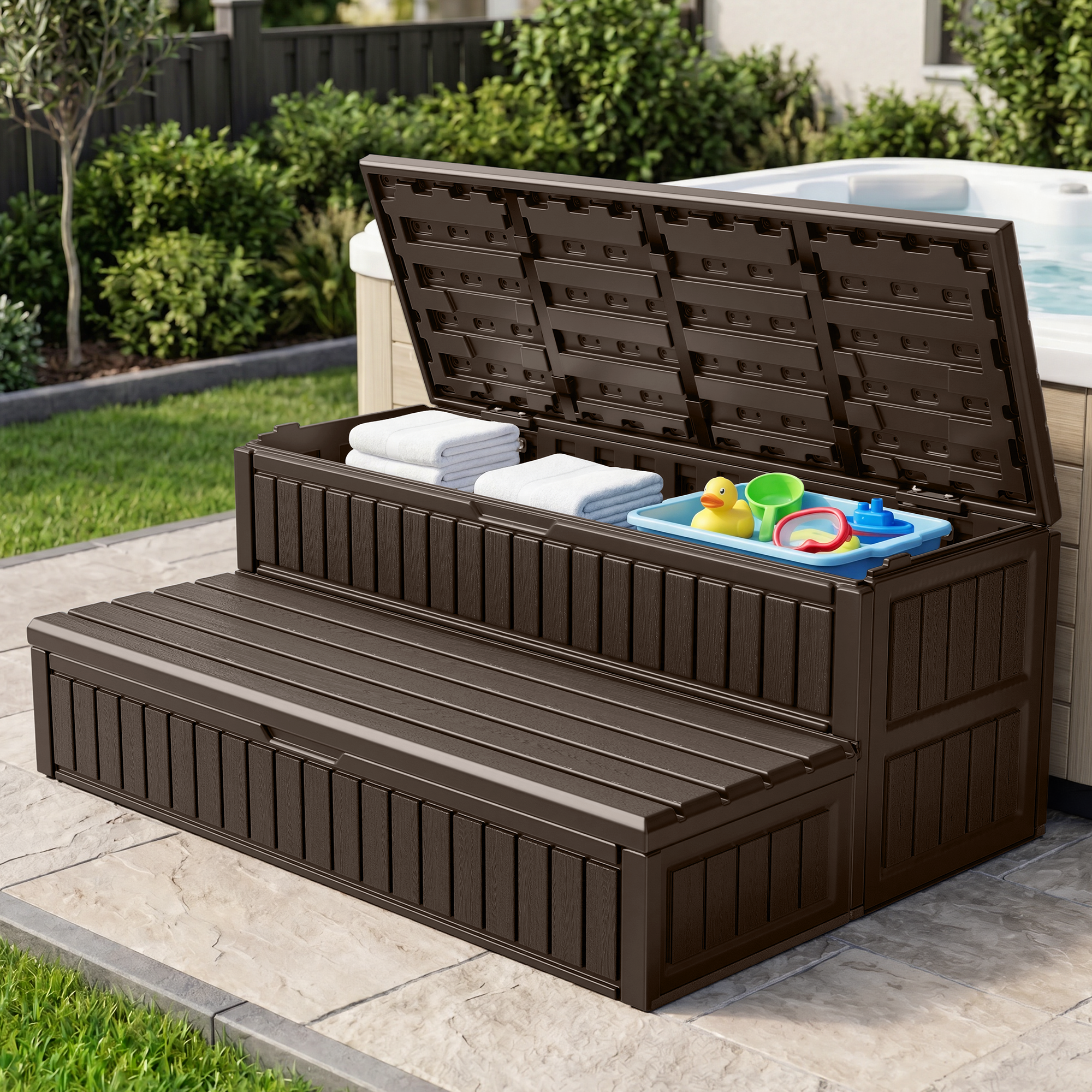 OS01 Hot Tub Steps with Storage, 1000 lbs Heavy Duty 2-Step Spa Stairs for Outdoor Hot Tub, RV & Pool,Coffee