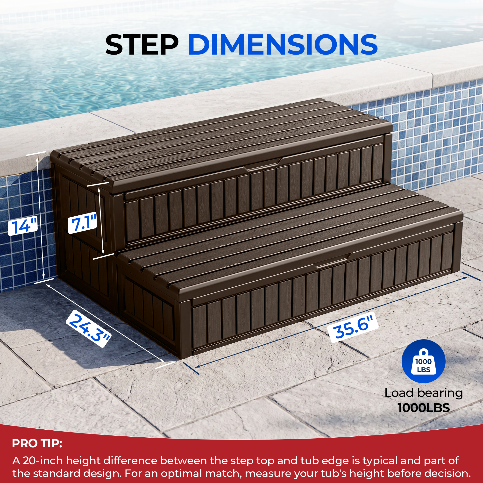 OS01 Hot Tub Steps with Storage, 1000 lbs Heavy Duty 2-Step Spa Stairs for Outdoor Hot Tub, RV & Pool,Coffee