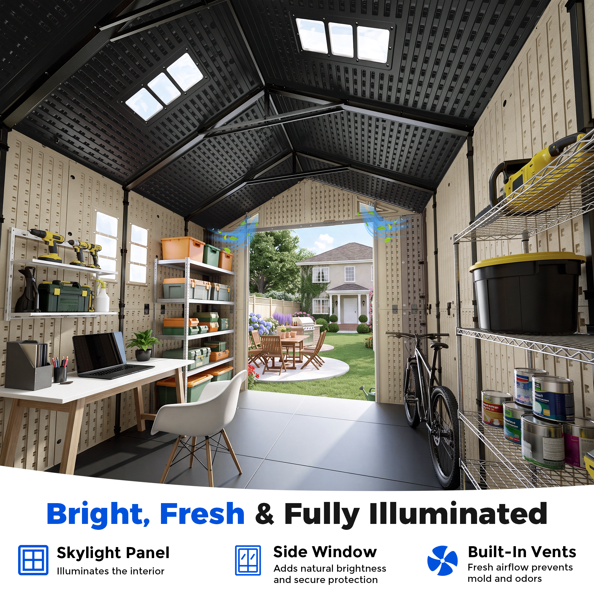 OS02 Outdoor Storage Shed with Floor,All-Weather Resin Garden Shed with 54" Extra-Wide Doors