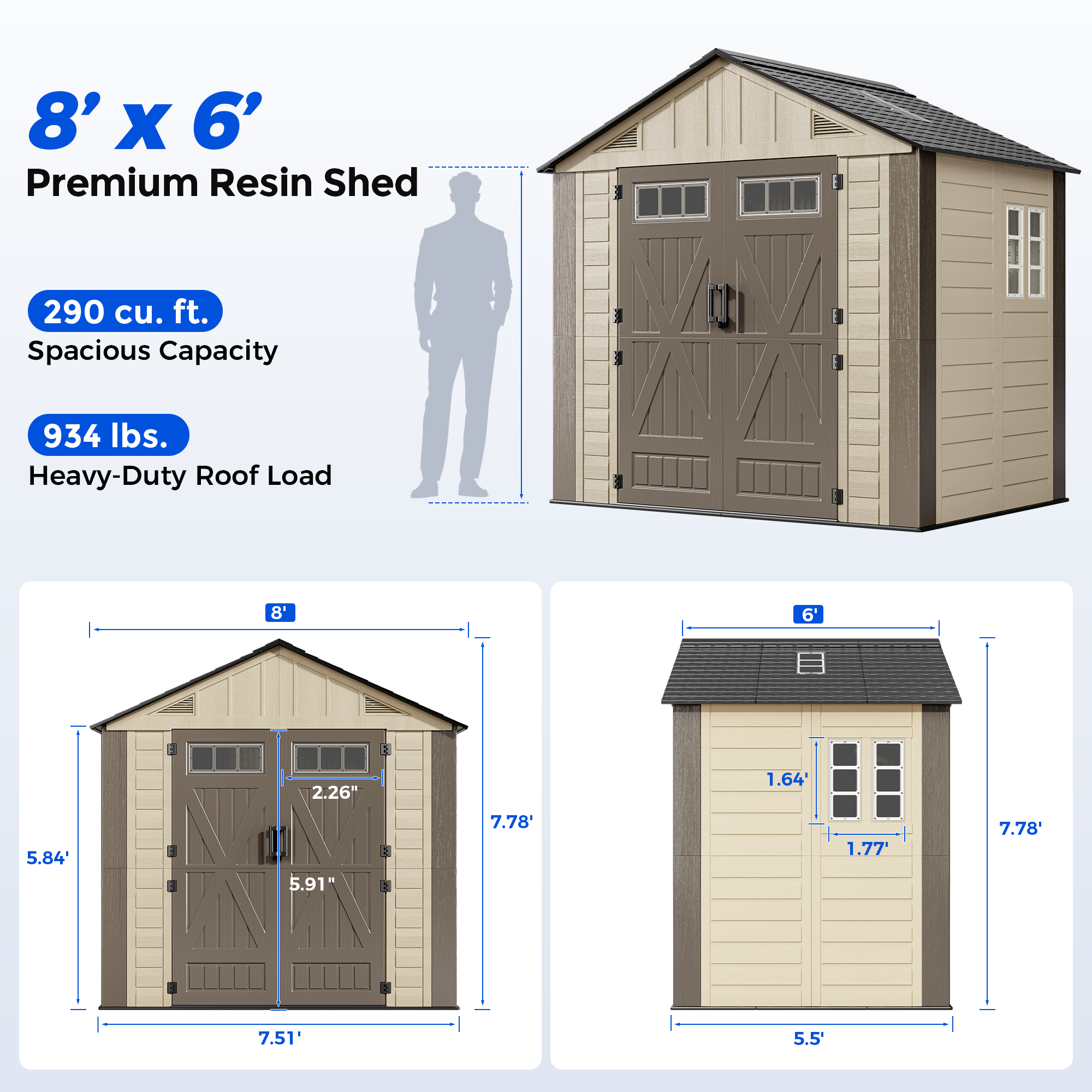 OS02 Outdoor Storage Shed with Floor,All-Weather Resin Garden Shed with 54" Extra-Wide Doors
