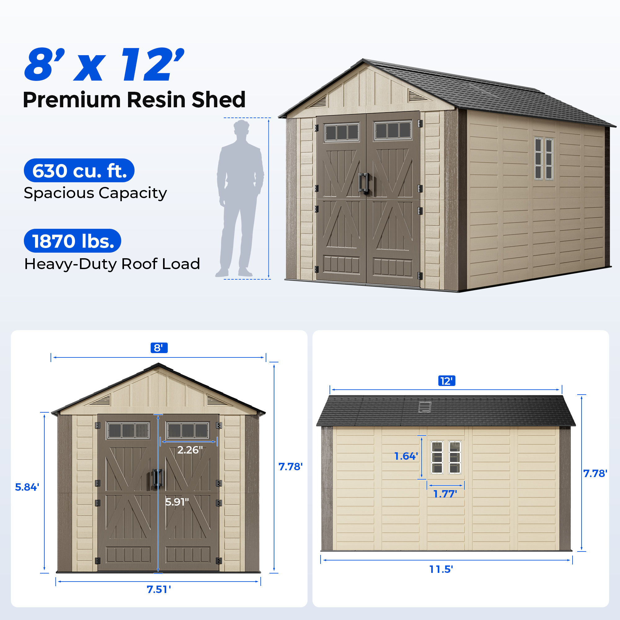 OS02 Outdoor Storage Shed with Floor,All-Weather Resin Garden Shed with 54" Extra-Wide Doors