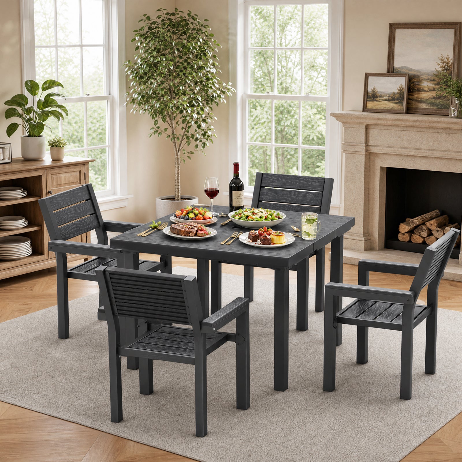 OT01 Patio Dining Set for 4, All-Weather HDPE Outdoor Table and Chairs with Umbrella Hole