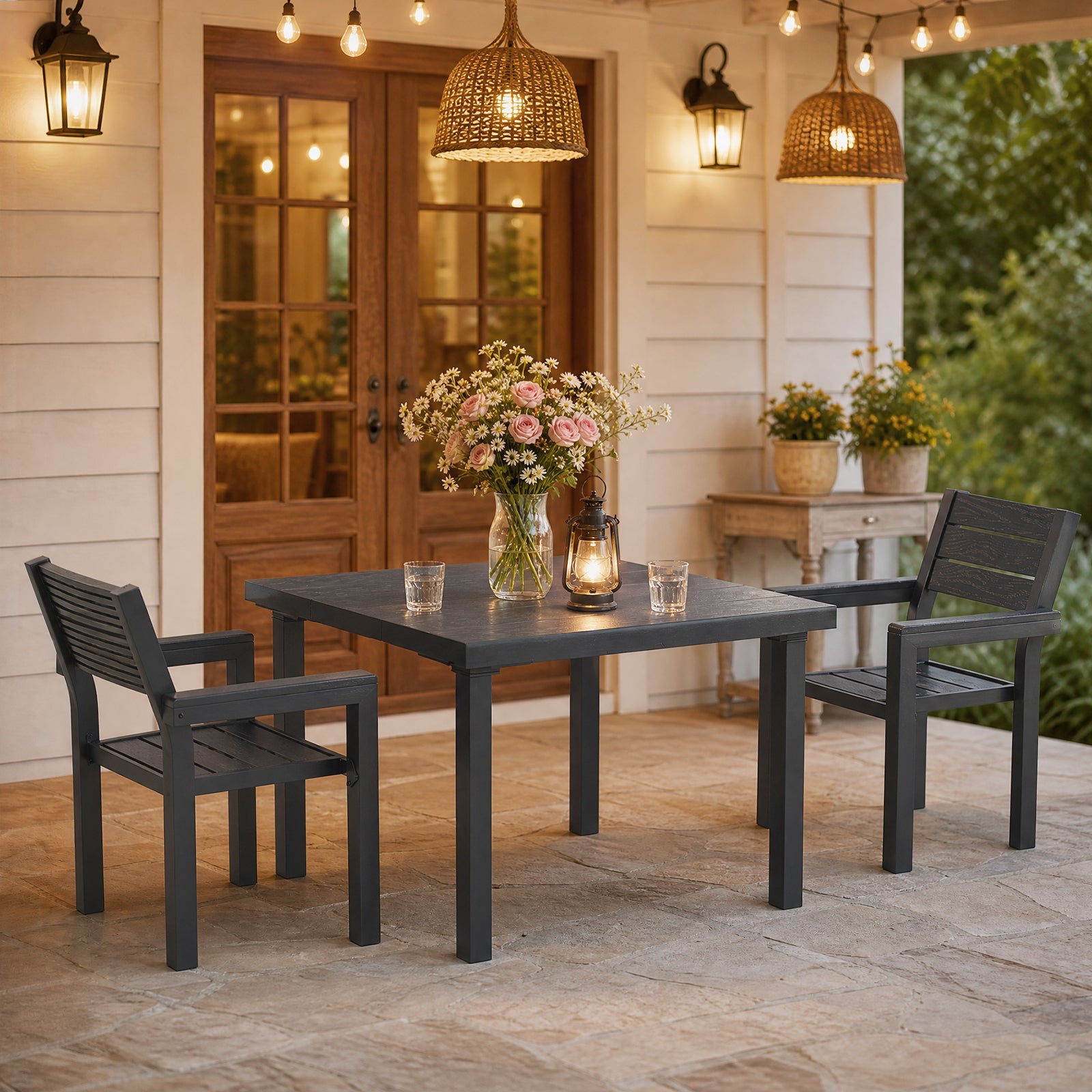 OT01 Patio Dining Set for 4, All-Weather HDPE Outdoor Table and Chairs with Umbrella Hole