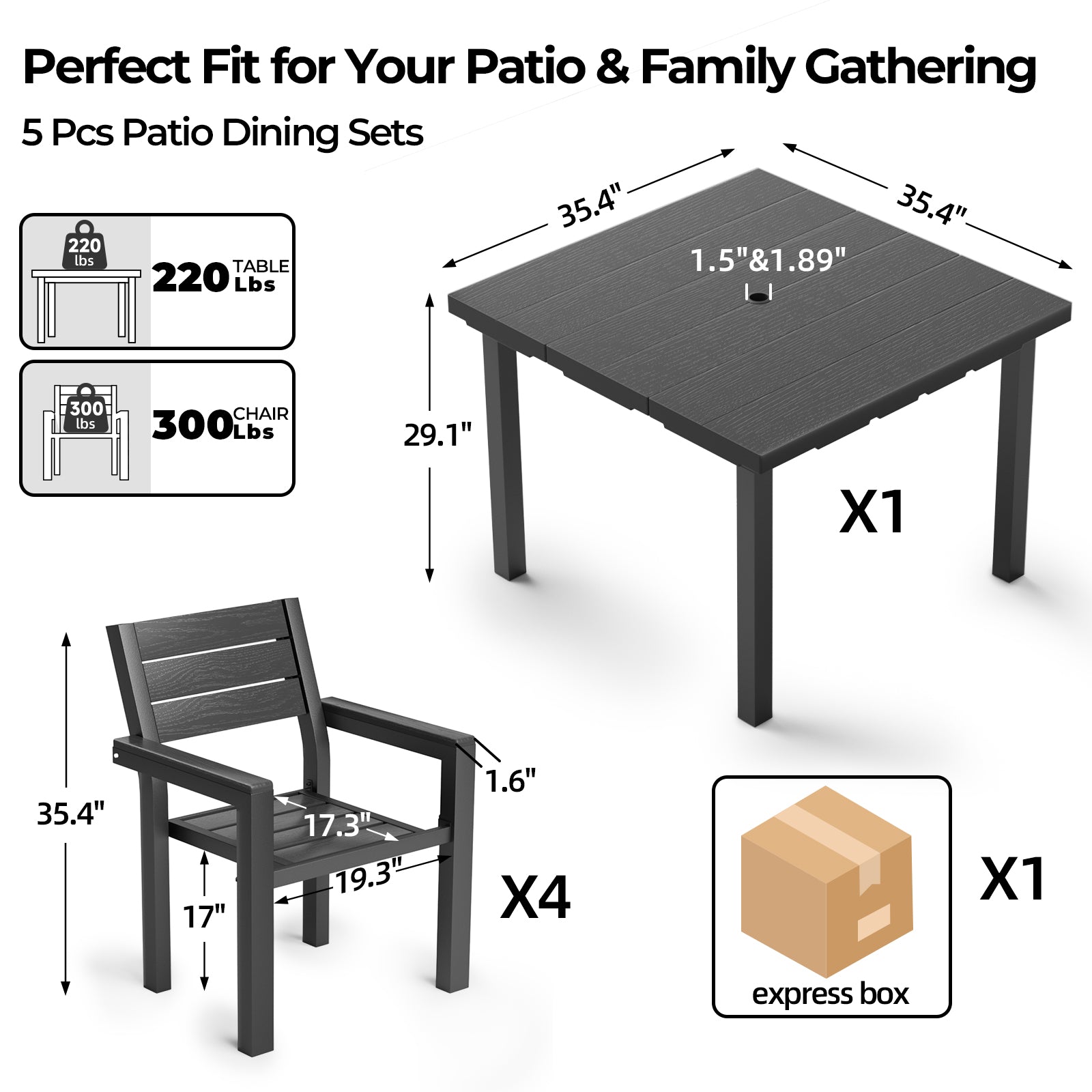 OT01 Patio Dining Set for 4, All-Weather HDPE Outdoor Table and Chairs with Umbrella Hole