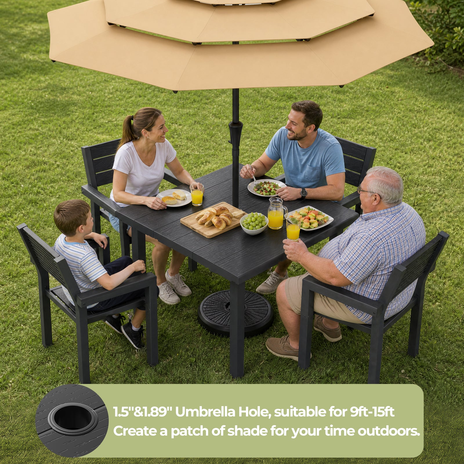 OT01 Patio Dining Set for 4, All-Weather HDPE Outdoor Table and Chairs with Umbrella Hole