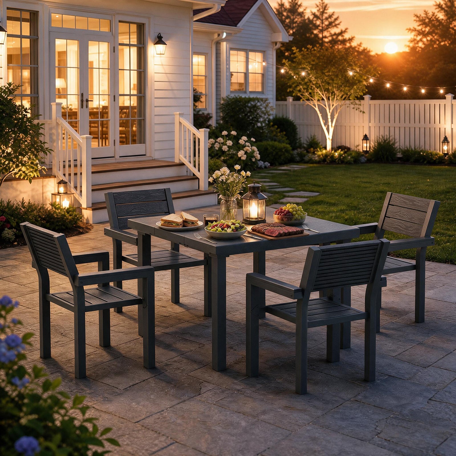 OT01 Patio Dining Set for 4, All-Weather HDPE Outdoor Table and Chairs with Umbrella Hole
