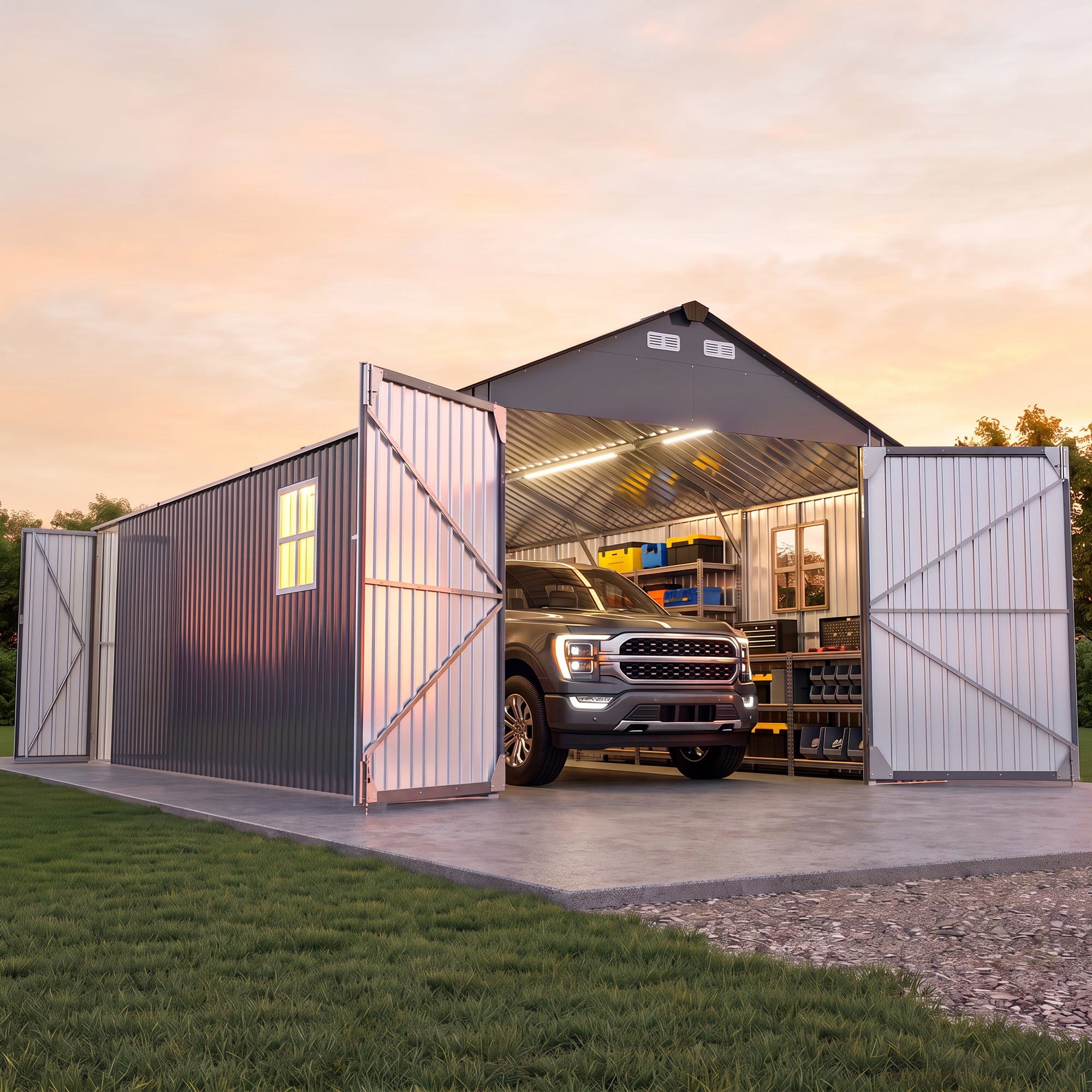 OT02 Metal Garage Shed, 13x20x9.5 FT Heavy Duty Enclosed Carport with Solar Lights