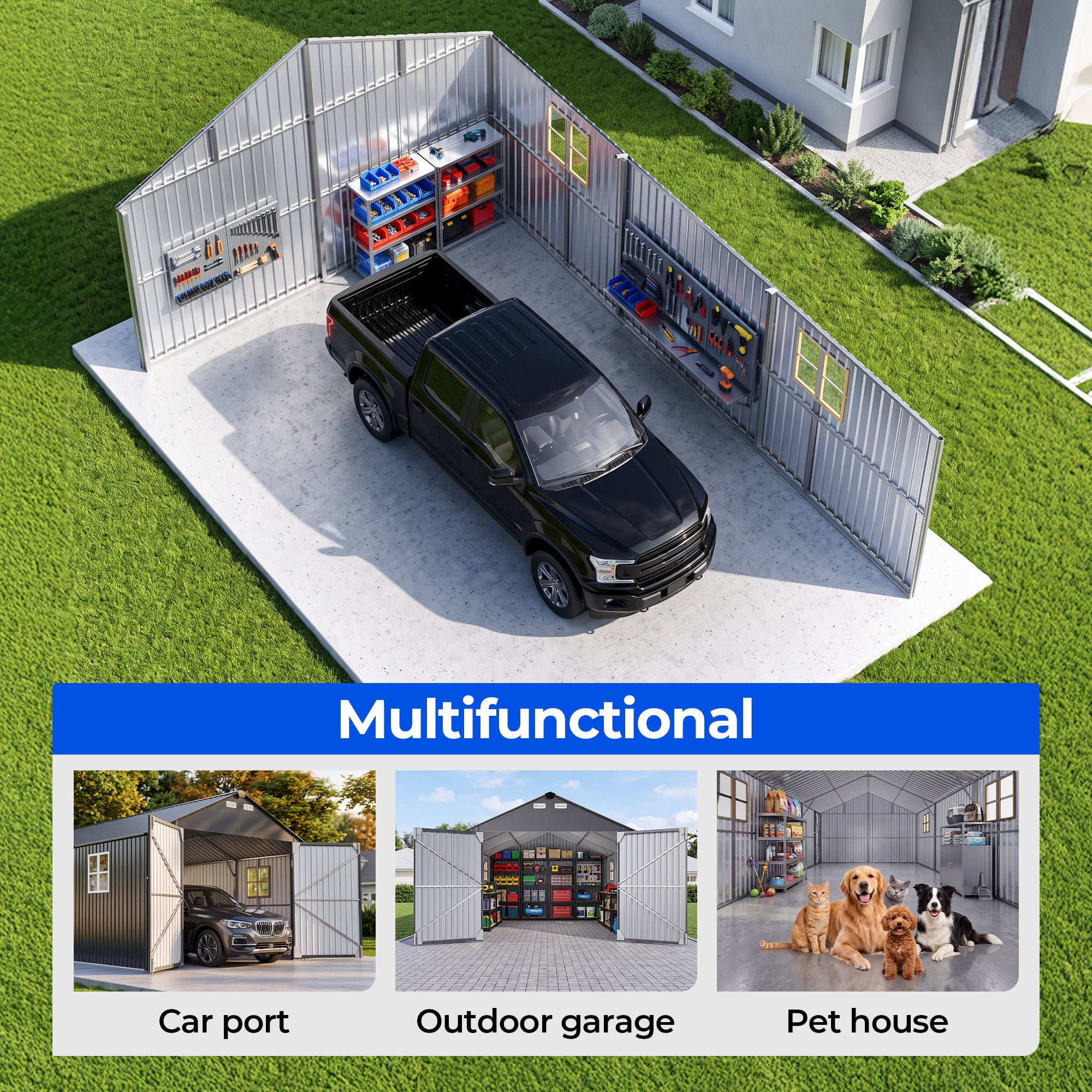 OT02 Metal Garage Shed, 13x20x9.5 FT Heavy Duty Enclosed Carport with Solar Lights