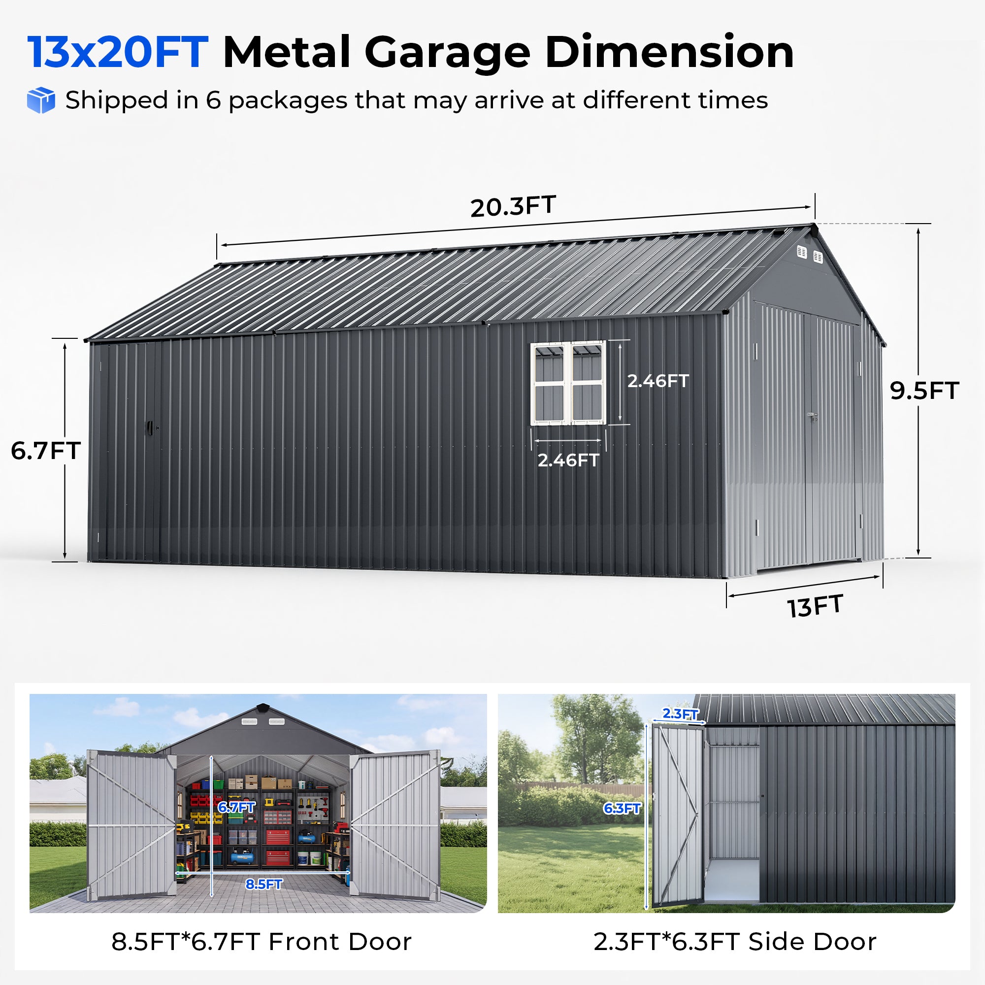 OT02 Metal Garage Shed, 13x20x9.5 FT Heavy Duty Enclosed Carport with Solar Lights