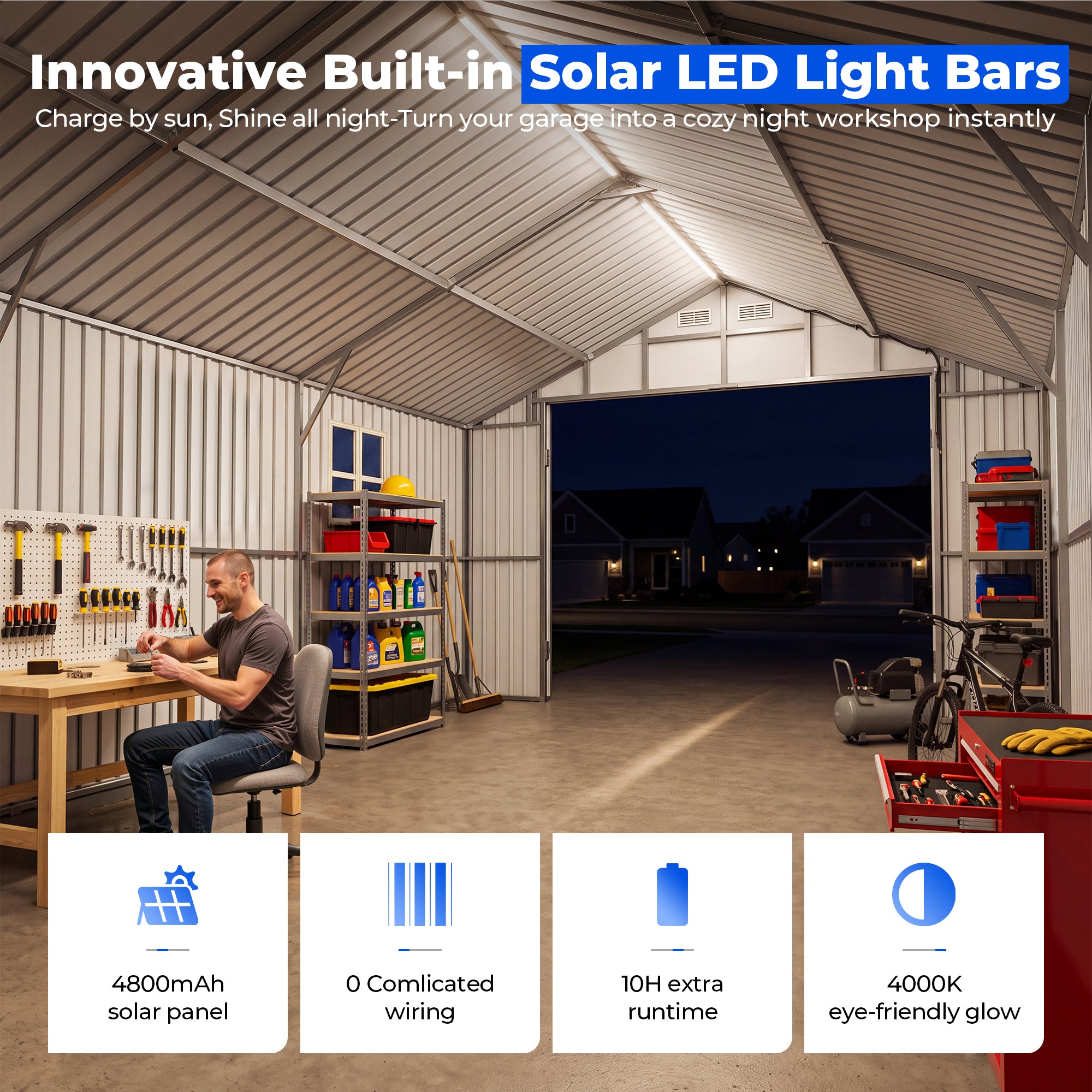 OT02 Metal Garage Shed, 13x20x9.5 FT Heavy Duty Enclosed Carport with Solar Lights