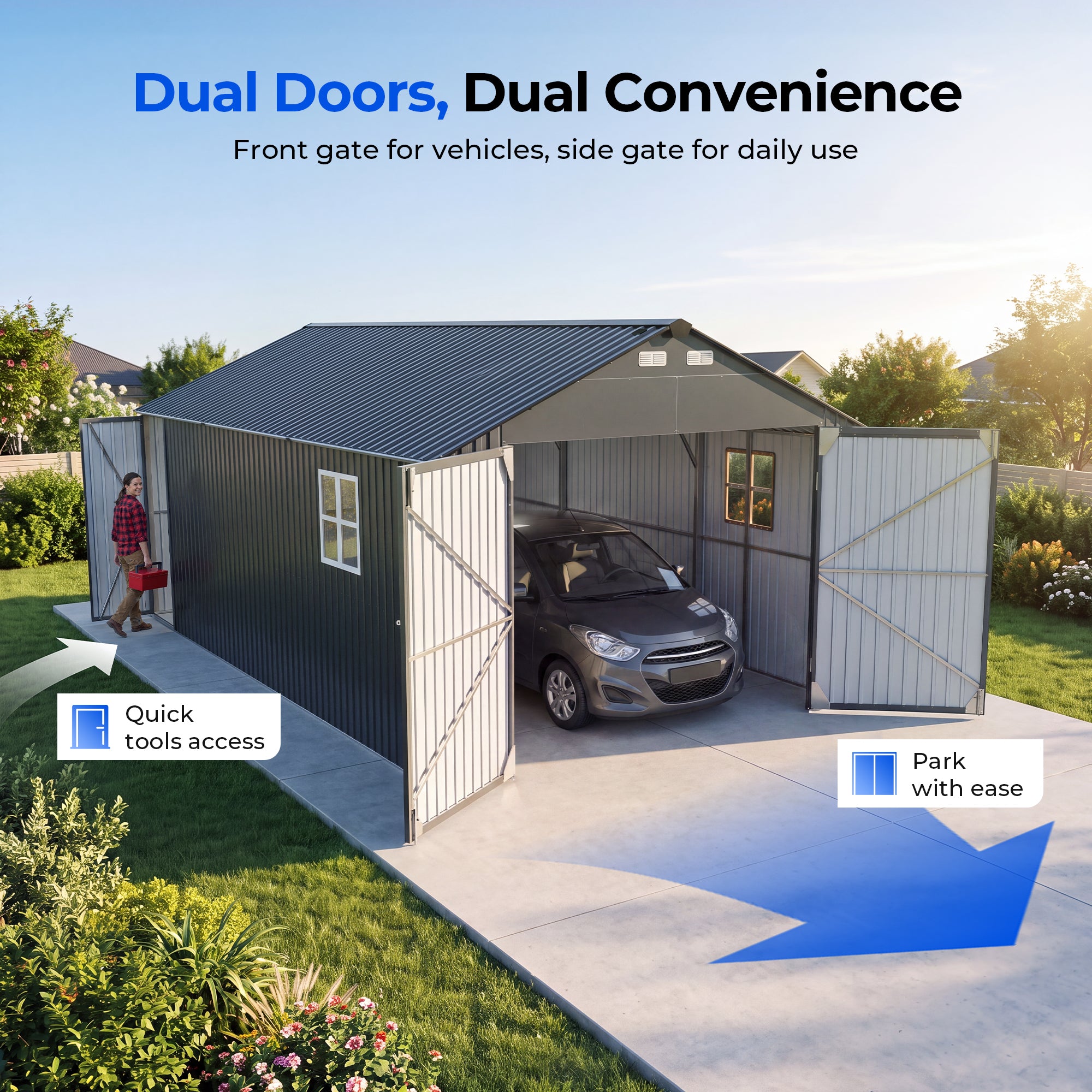 OT02 Metal Garage Shed, 13x20x9.5 FT Heavy Duty Enclosed Carport with Solar Lights