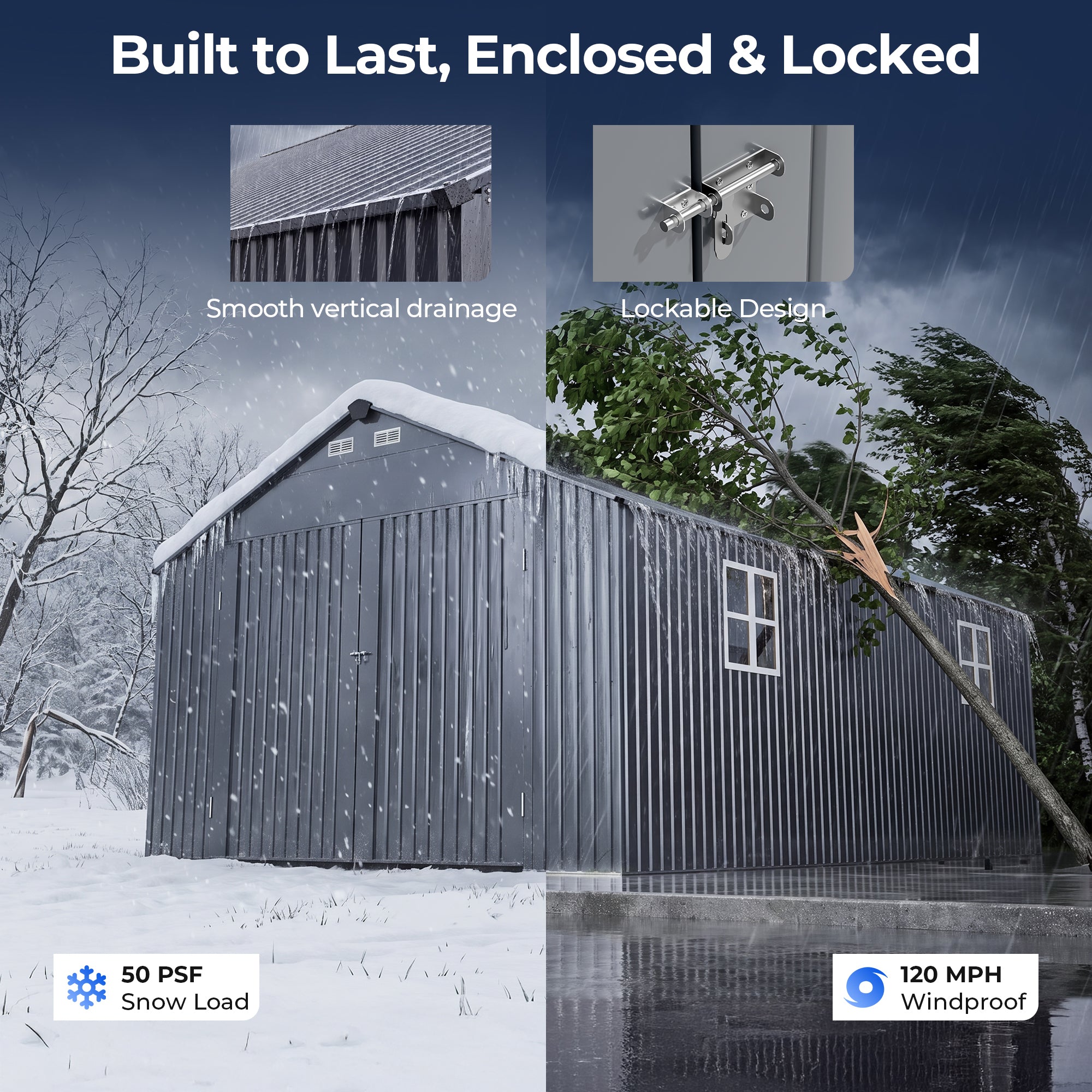 OT02 Metal Garage Shed, 13x20x9.5 FT Heavy Duty Enclosed Carport with Solar Lights