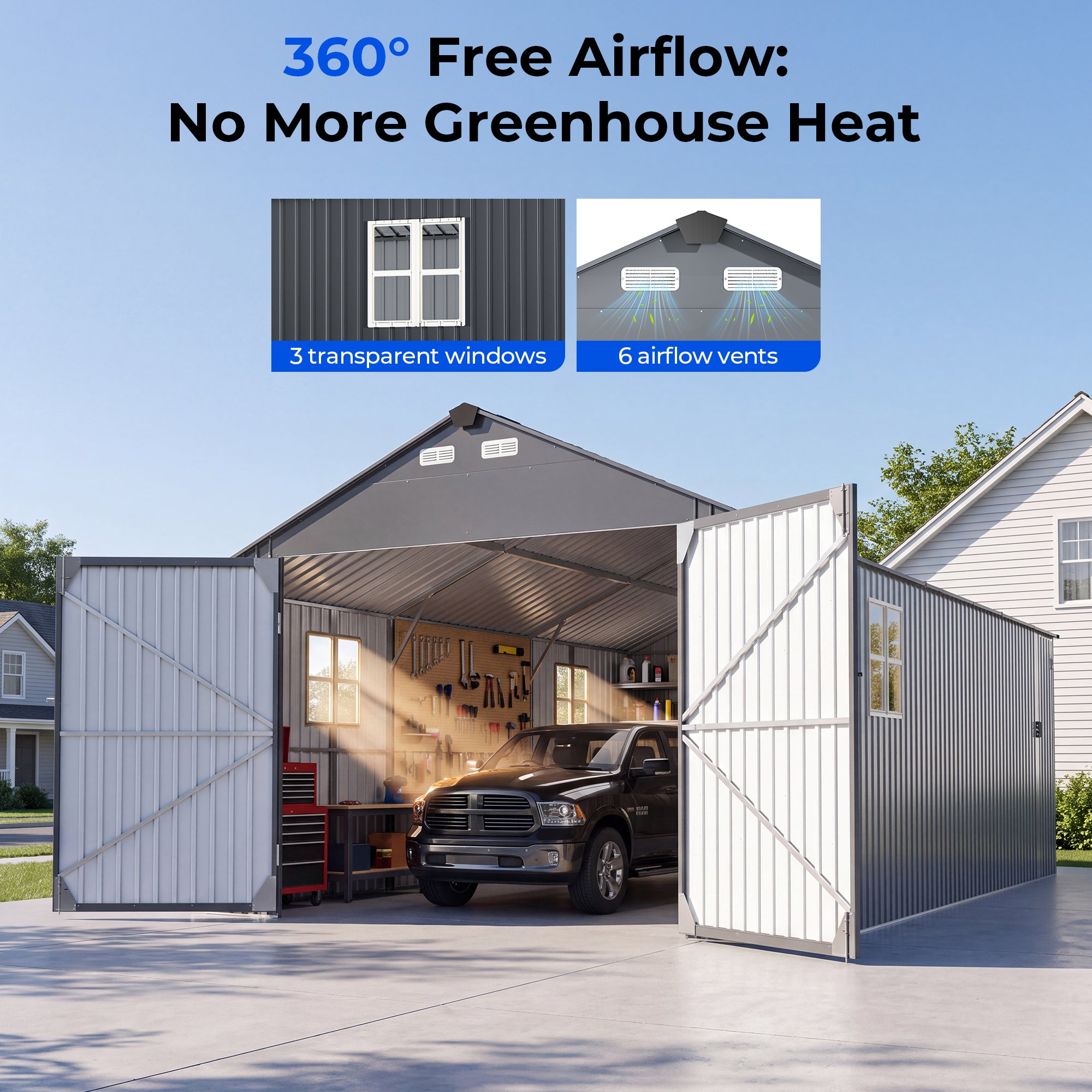 OT02 Metal Garage Shed, 13x20x9.5 FT Heavy Duty Enclosed Carport with Solar Lights