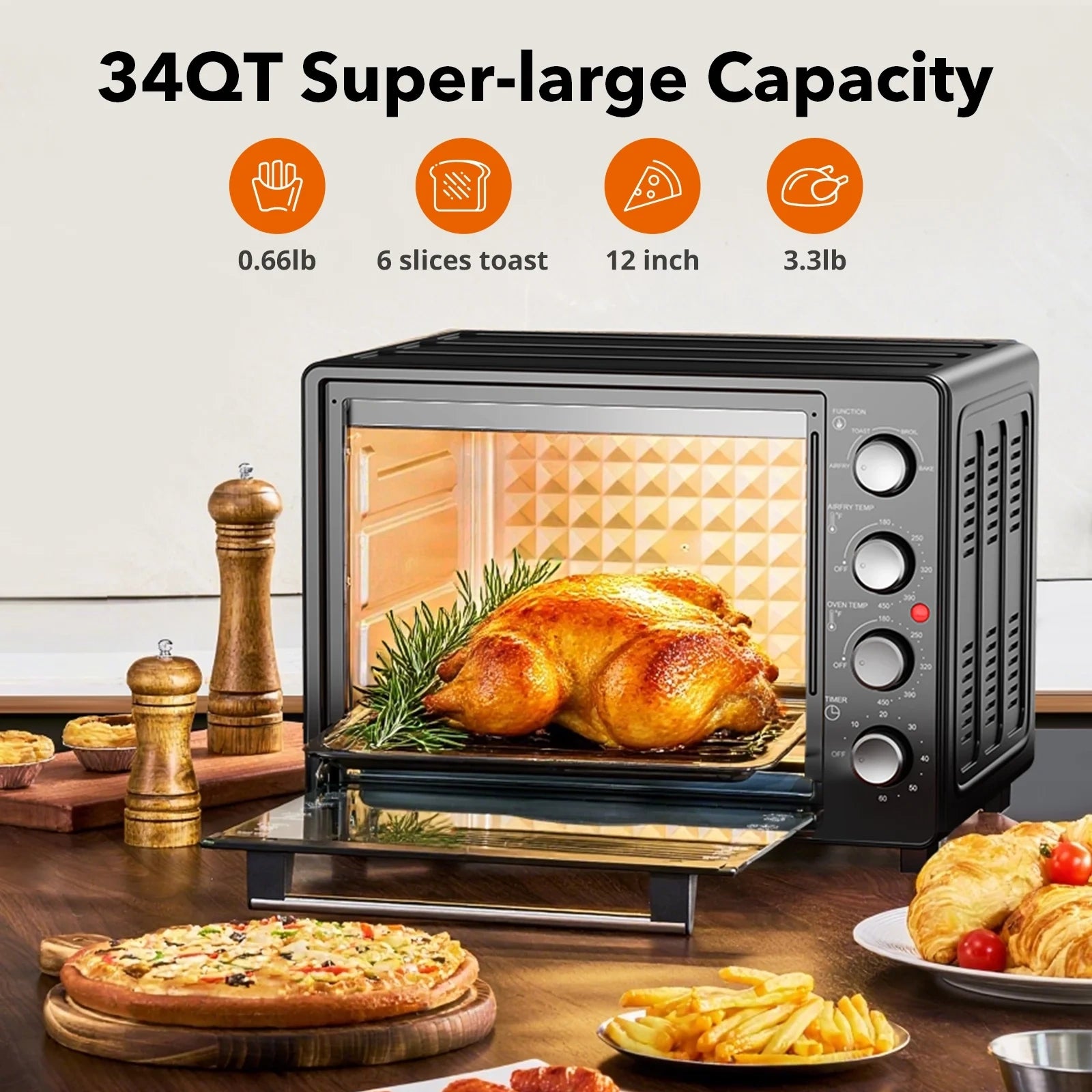 34QT Super-Large Air Fryer Oven, 1500W, Black