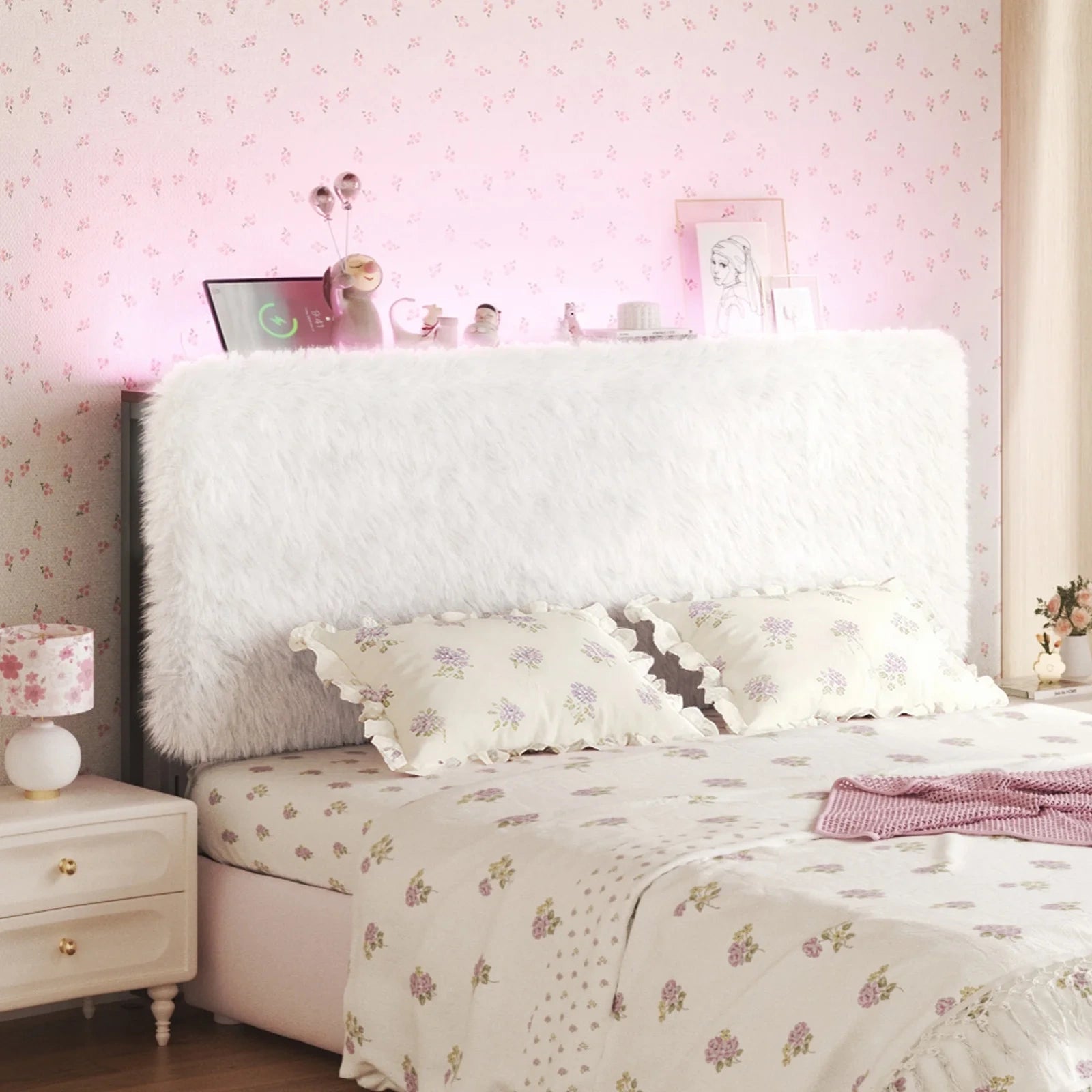 Bed Frame with Adjustable Height Plush Headboard