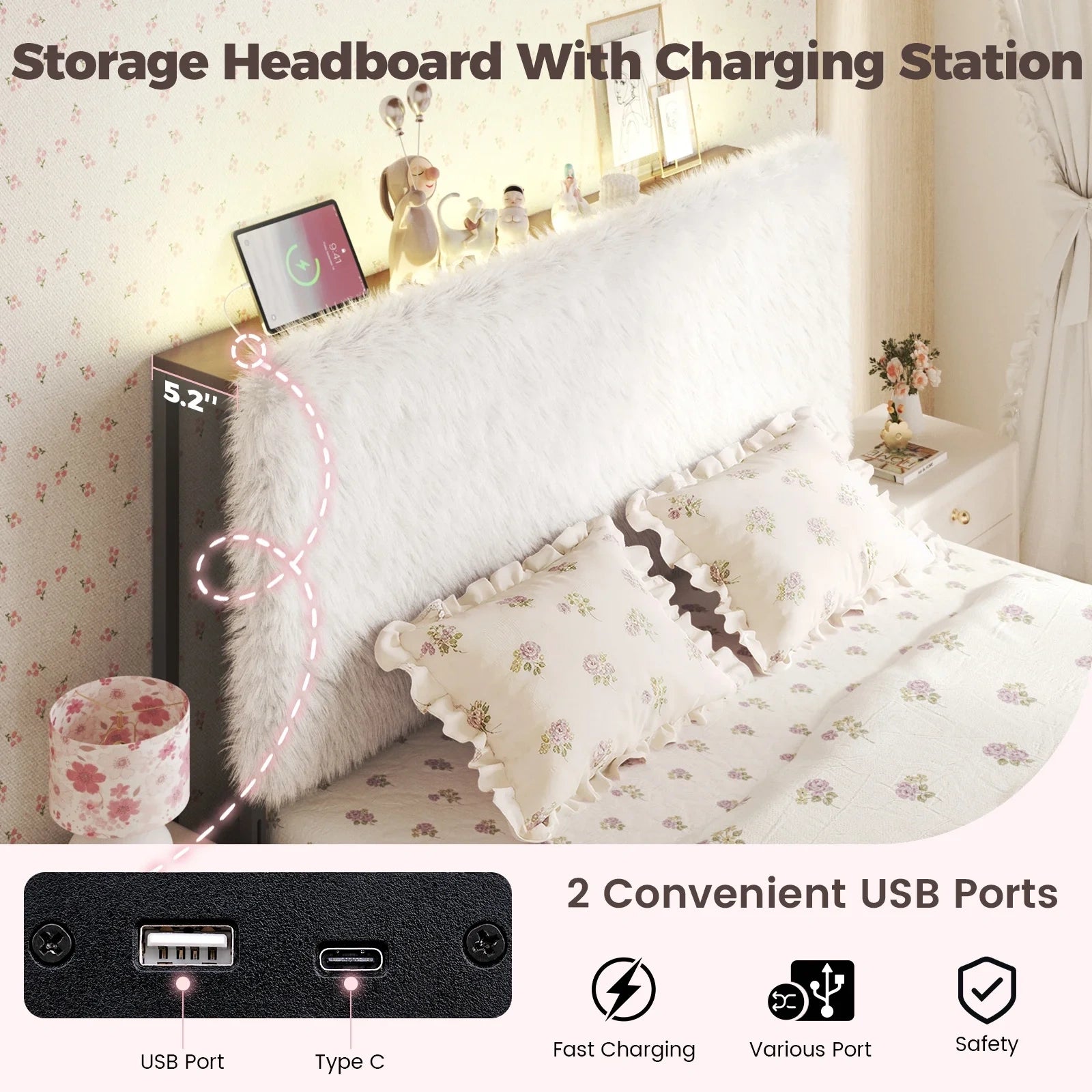 Bed Frame with Adjustable Height Plush Headboard