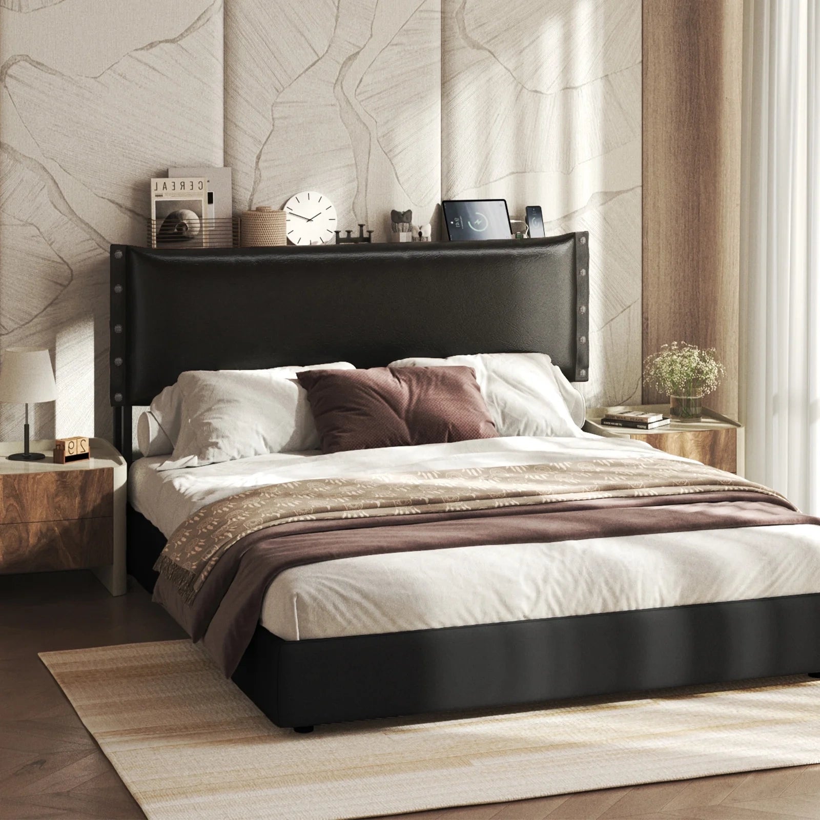 Bed Frame with Adjustable Height Oil-Waxed Leather Headboard
