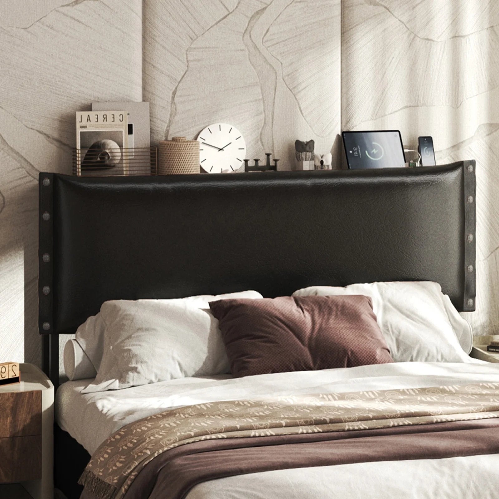 Bed Frame with Adjustable Height Oil-Waxed Leather Headboard