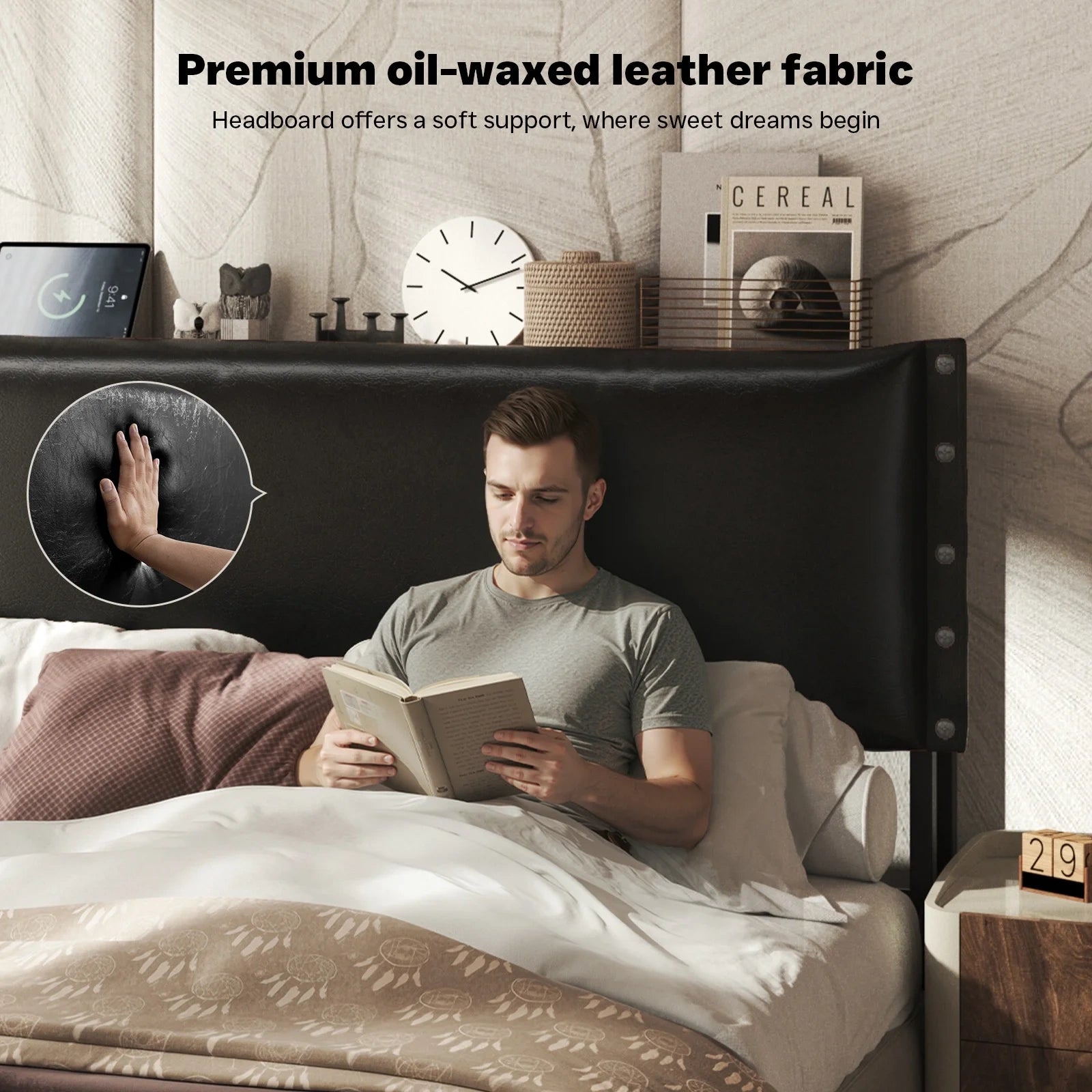 Bed Frame with Adjustable Height Oil-Waxed Leather Headboard