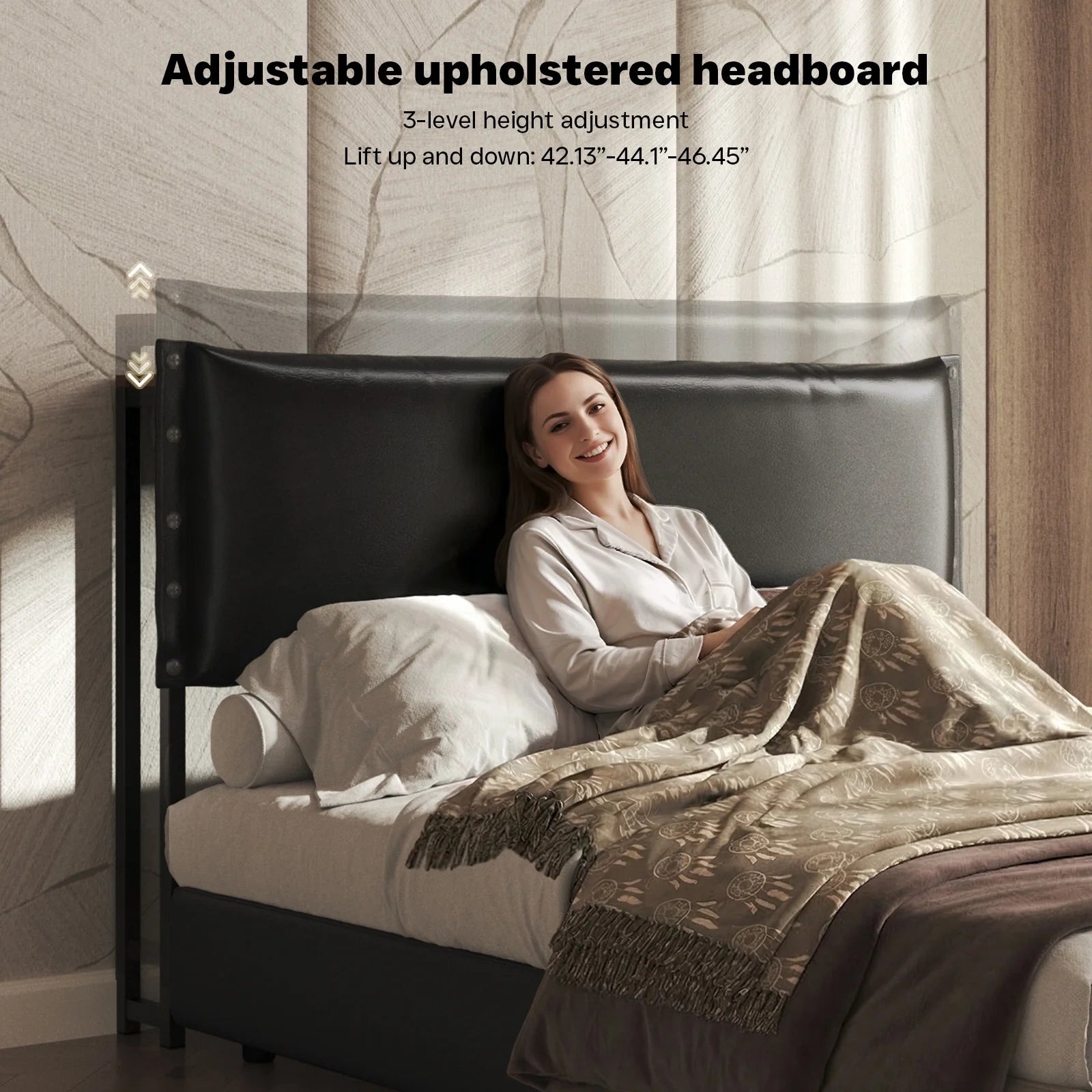 Bed Frame with Adjustable Height Oil-Waxed Leather Headboard