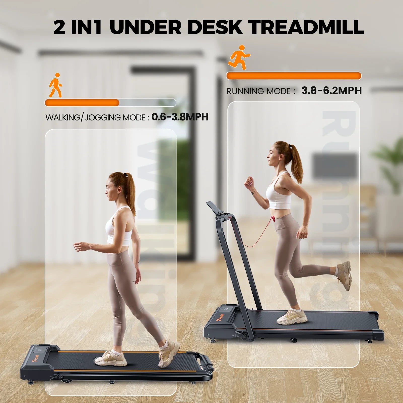 FT51 Walking Pad Treadmill with HandleBar 2.5 PH Low-noise Motor LED Display