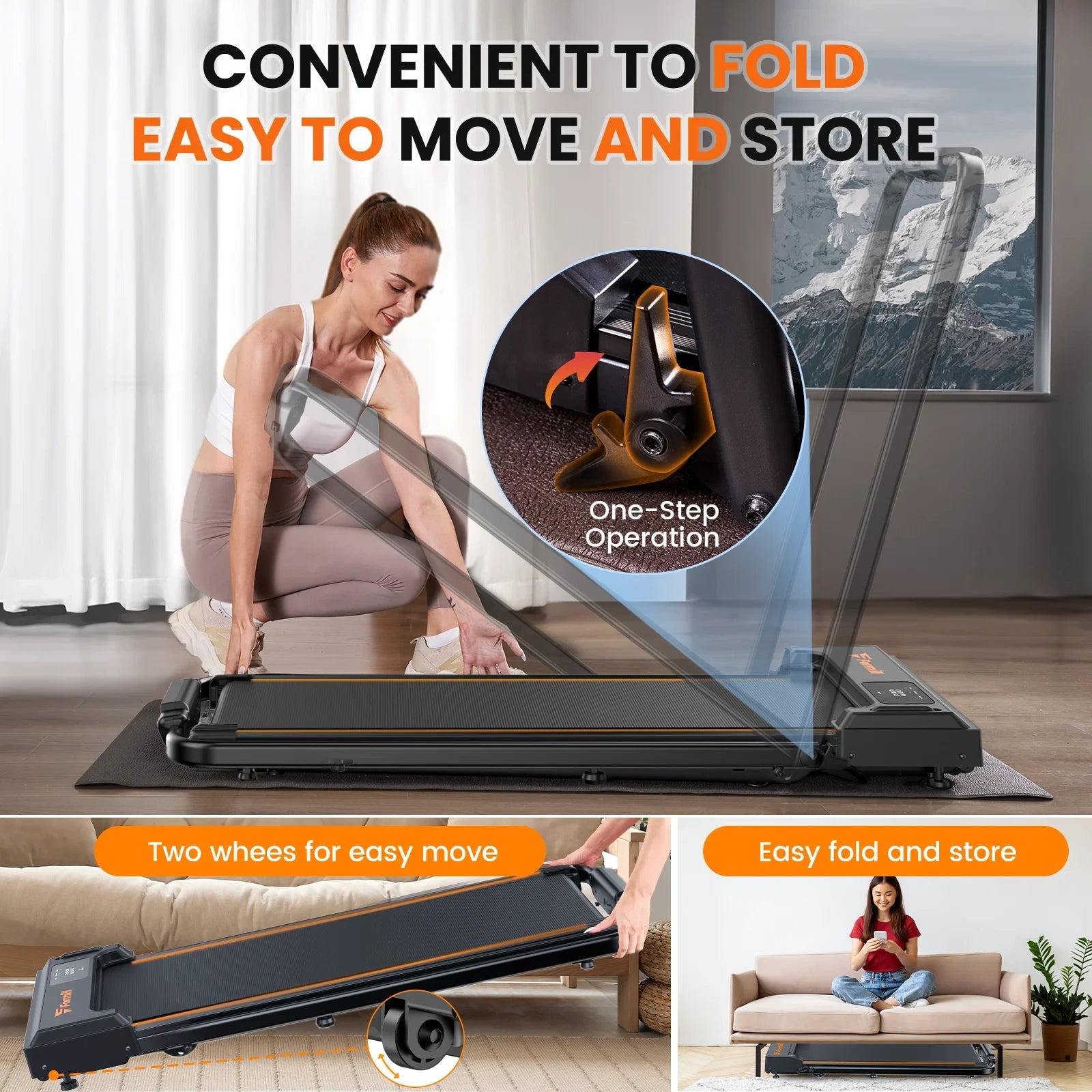 FT51 Walking Pad Treadmill with HandleBar 2.5 PH Low-noise Motor LED Display