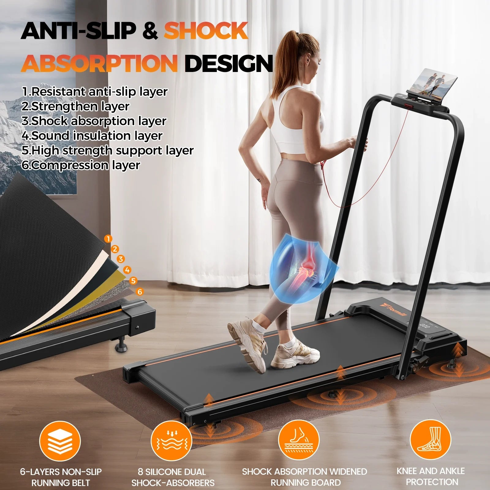 FT51 Walking Pad Treadmill with HandleBar 2.5 PH Low-noise Motor LED Display