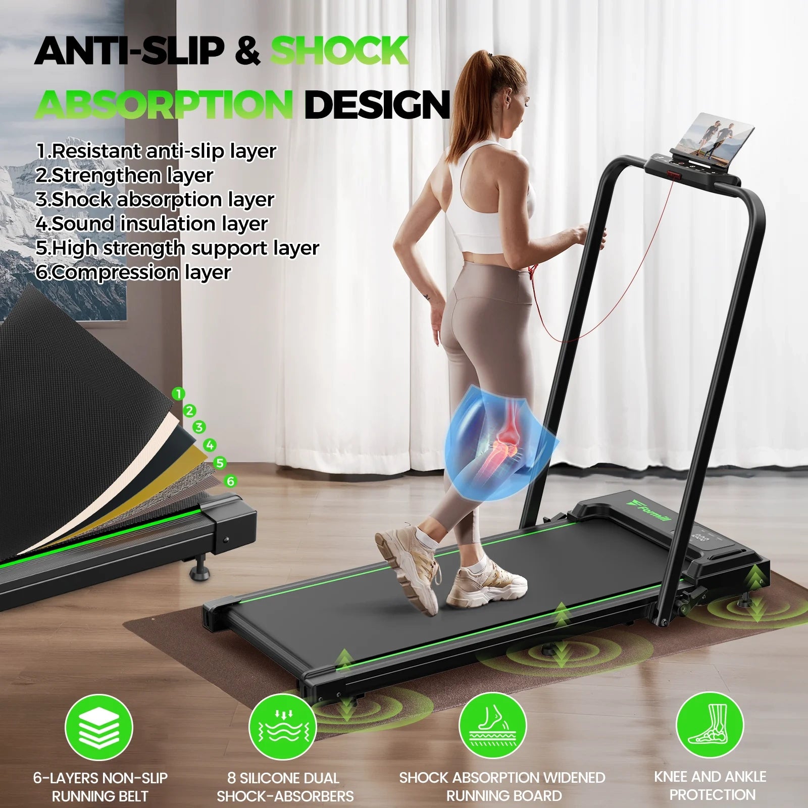 FT51 Walking Pad Treadmill with HandleBar 2.5 PH Low-noise Motor LED Display