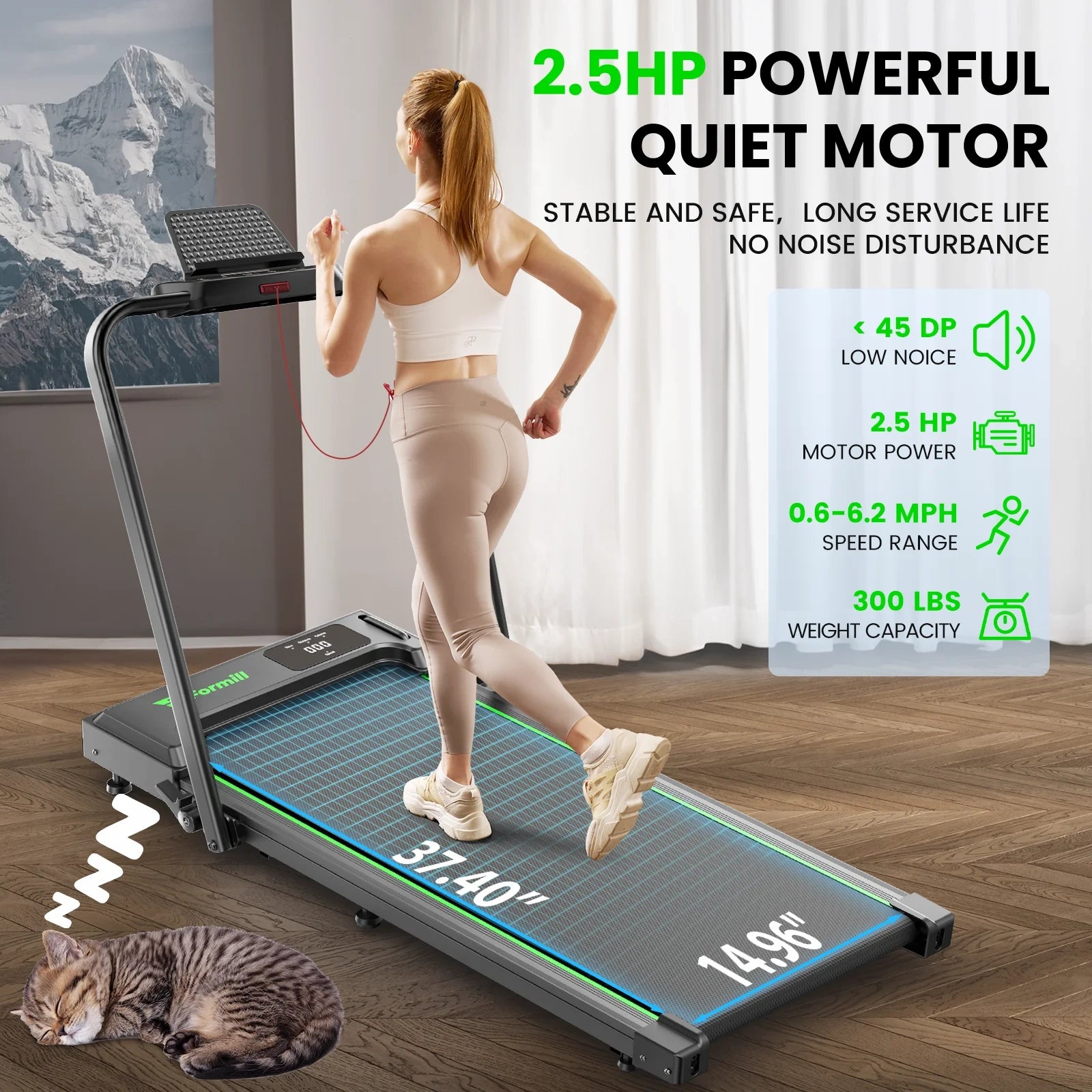 FT51 Walking Pad Treadmill with HandleBar 2.5 PH Low-noise Motor LED Display
