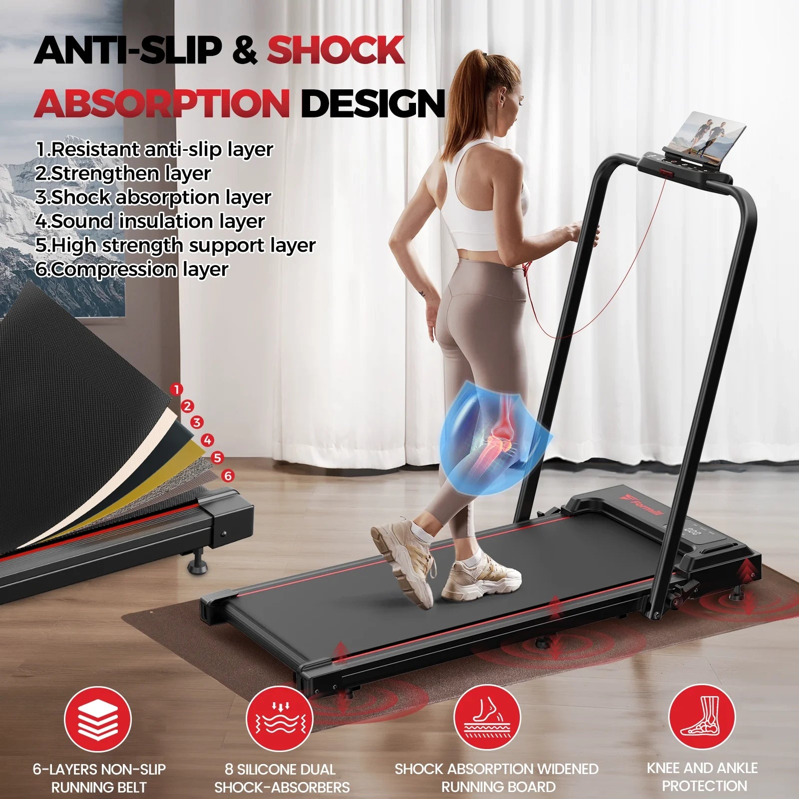 FT51 Walking Pad Treadmill with HandleBar 2.5 PH Low-noise Motor LED Display