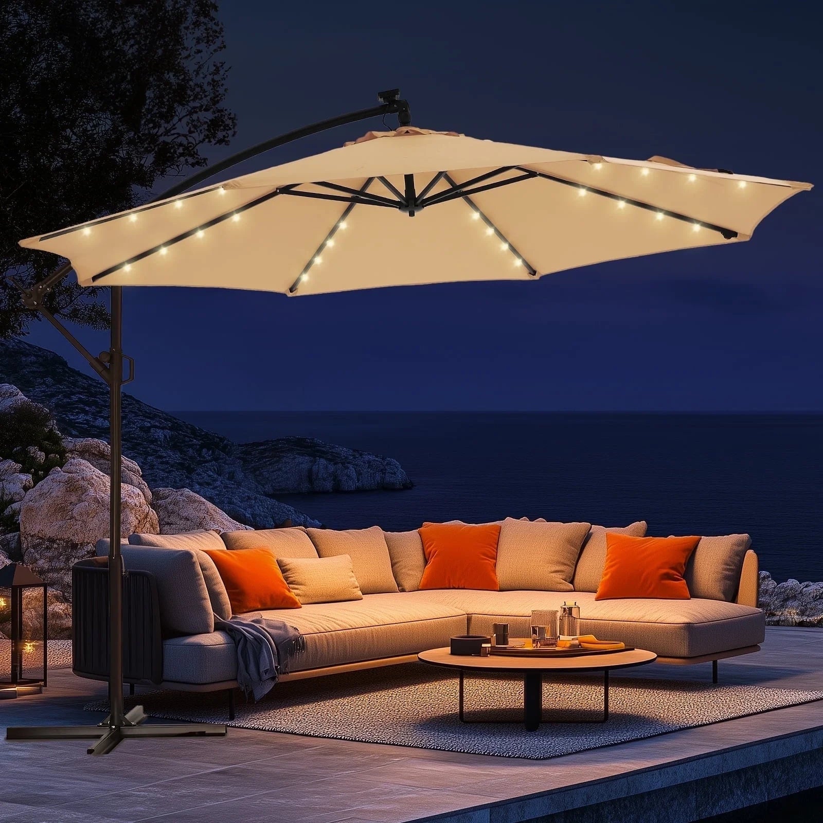 10 Feet Offset Hanging Patio Umbrella with Bright Solar LED Lights