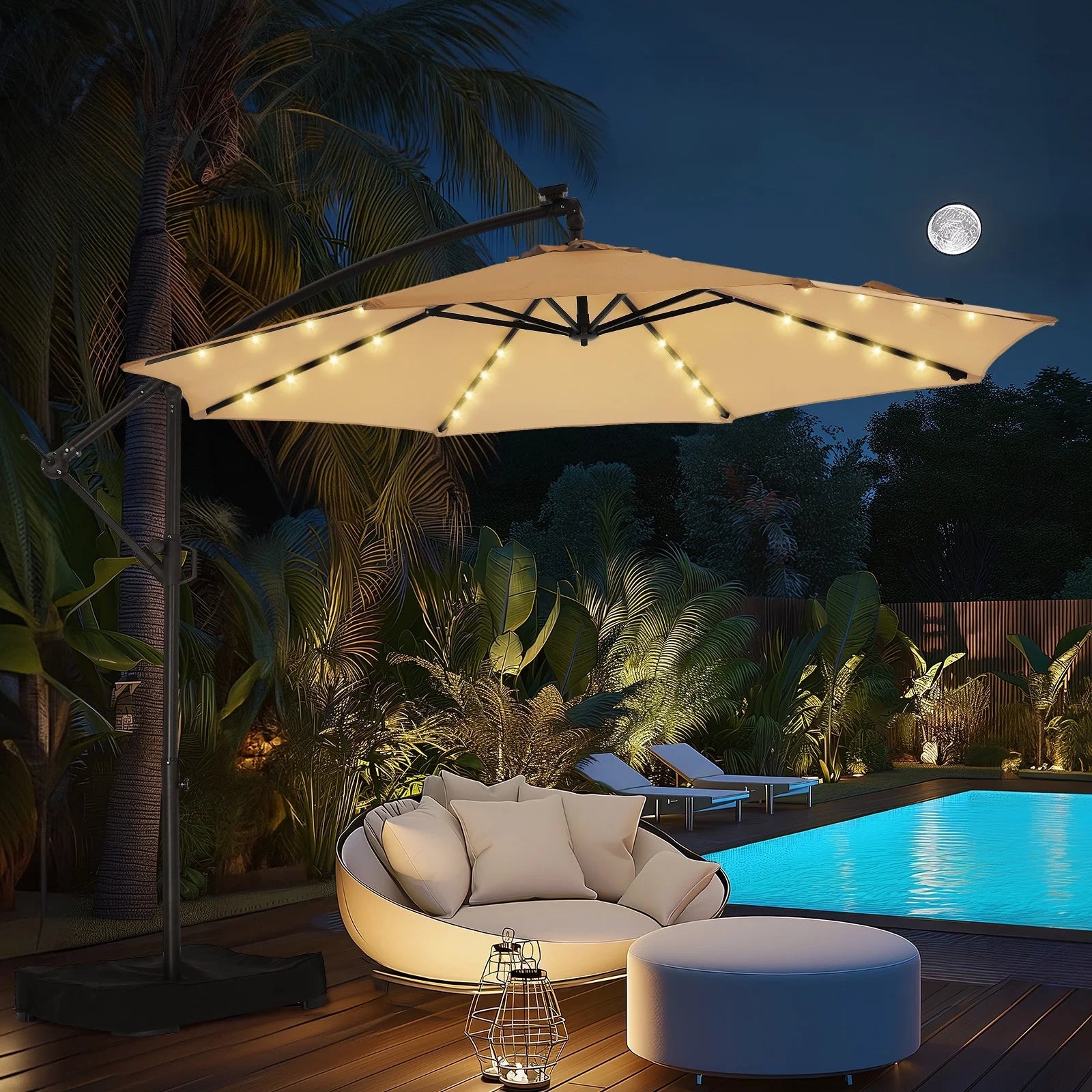 10 Feet Offset Hanging Patio Umbrella with Bright Solar LED Lights