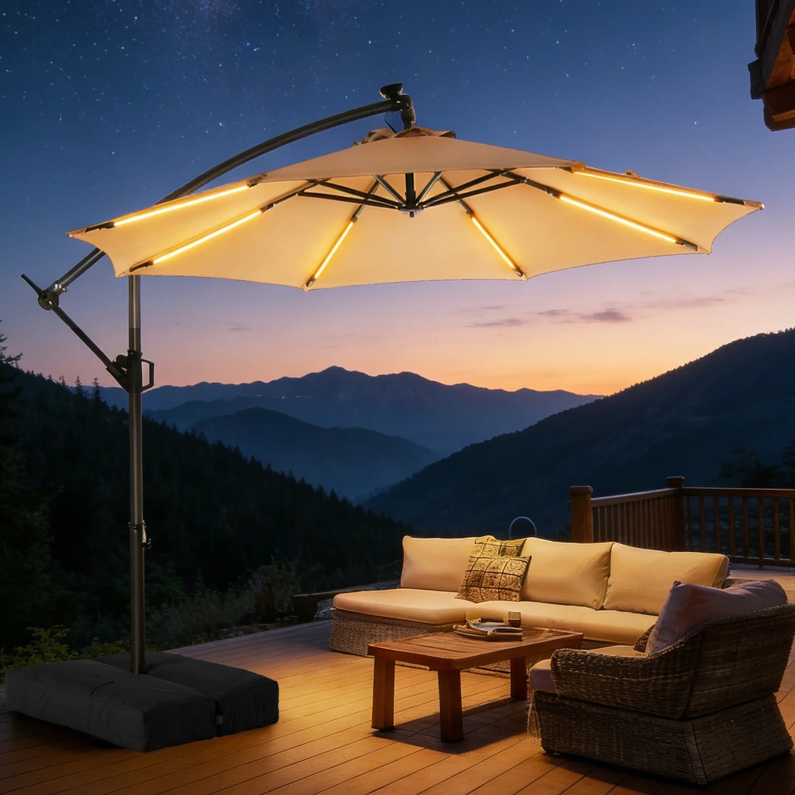 10 Feet Offset Hanging Patio Umbrella with Base and Solar Light Strips